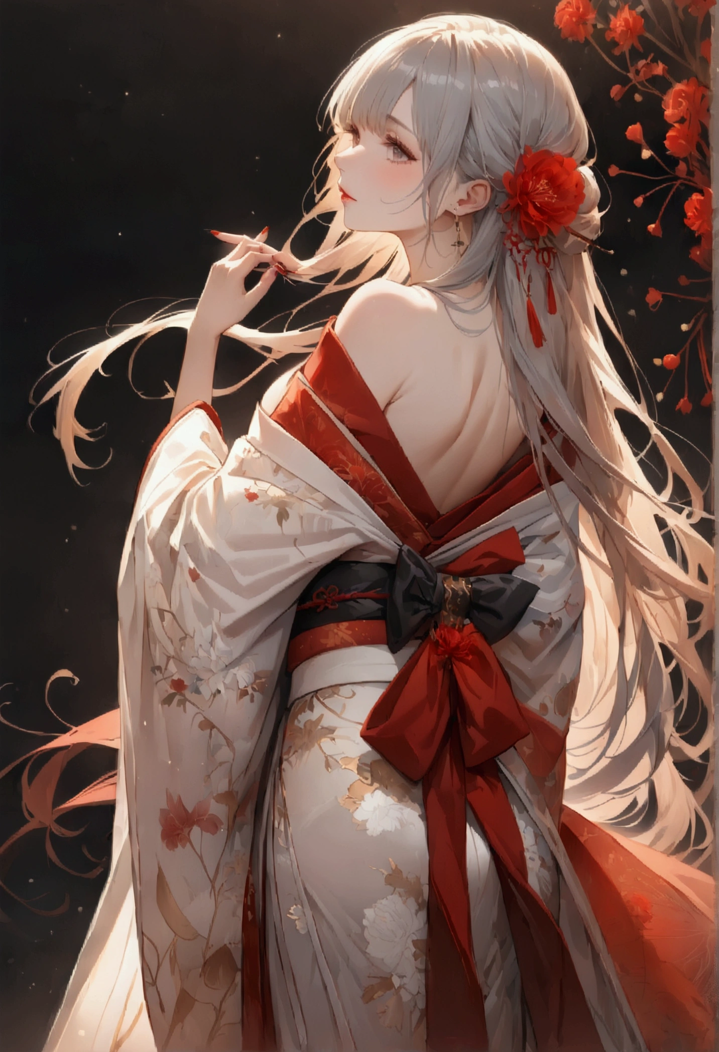 (masterpiece:1.4, Highest quality:1.4), An illustration, (alone:1.2), (original), (Highly detailed wallpaper), Photographic reality, (Super detailed:1.4), (Very intricate details), (Magazine cover girl:1.3), Decorated in red (flower) accent, Especially red spider lilies. Their long hair flows down their backs, Complement the simple, Black background. 魅惑的なflower柄の黒い着物を着て, The kimono features long sleeves and a see-through print.. The subject had red fingernails.、Applying nail polish, Exude elegance in Japanese clothing, Striped. They have their backs turned, Showing off a pose of hugging yourself with your arms folded and a cowboy shot composition, Exposing the nape. The cover must be signed by the artist, The light particles should add a touch of magic to the scene.. The overall style should be sophisticated and attractive., Focusing on traditional Japanese fashion, Kimono is the focus.