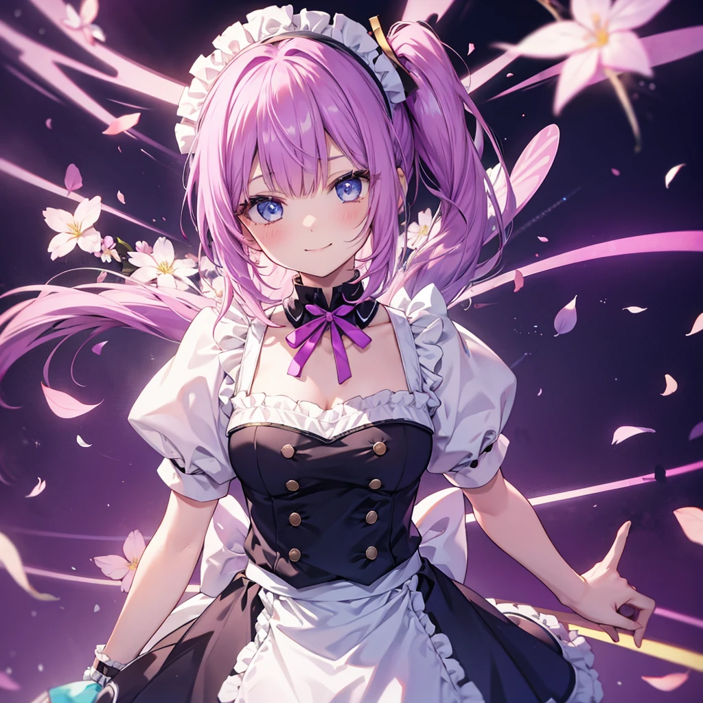 1人のwoman((Maid,smile,Show leaves)) Pink Background,heart,Shining, woman,(Purple Hair,Side Ponytail,Yellow mesh, neon blue eyes,Super Shine) Yes cheese！ Anime Wind Blows,Flowers fall off,Ahead