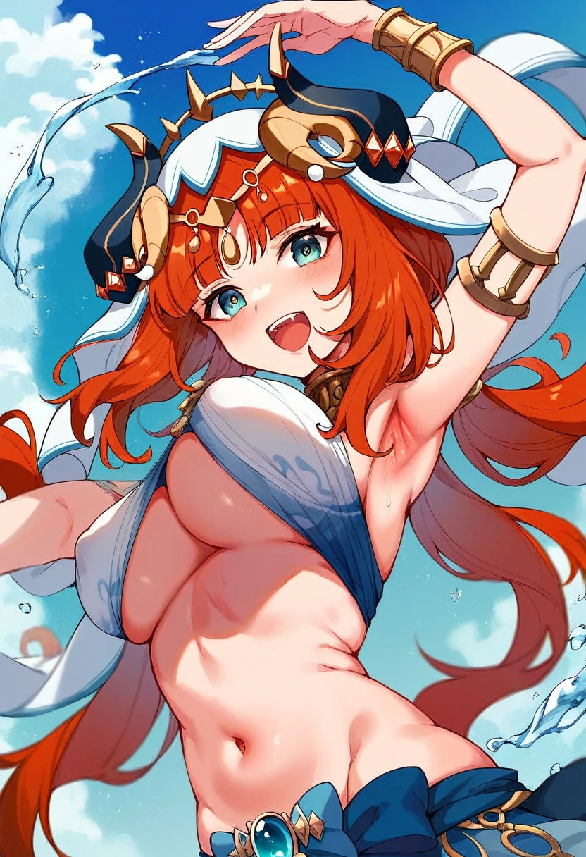 genshin_impact nilou_(genshin_impact) commentary_request highres revision 1girl :d alternate_costume arm_up armlet armpits bare_shoulders bikini blue_gemstone blue_sky breasts cloud gem hat jewelry long_hair looking_at_viewer ocean open_mouth orange_hair outdoors sideboob sky smile stomach straw_hat summer swimsuit teeth underboob upper_teeth_only very_long_hair water covered_nipples bouncing_breasts