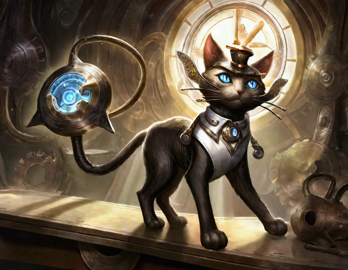 a clockwork cat poses on a table, in a workshop