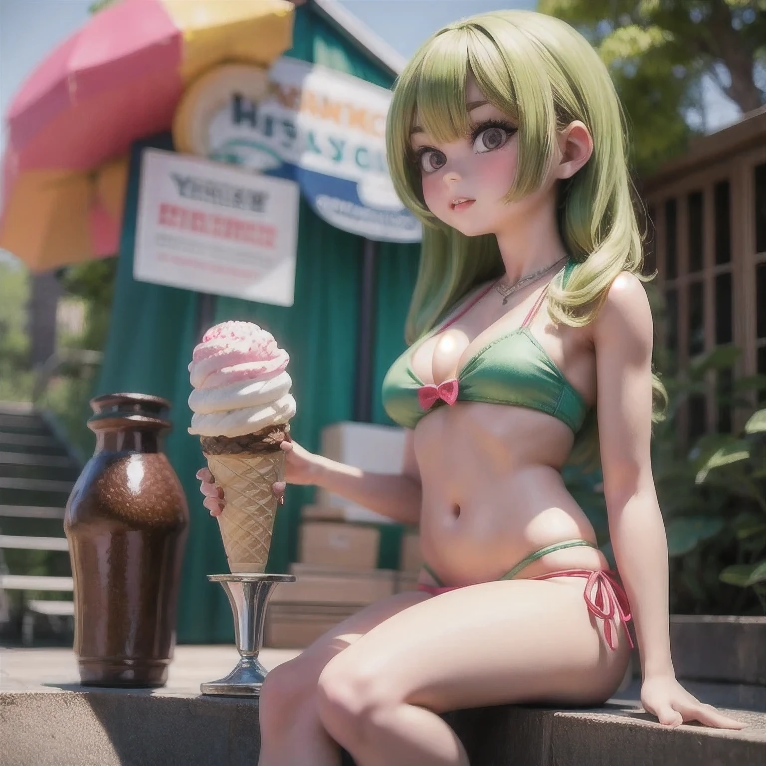 girl in a bikini eating an ice cream cone, eating ice cream, in a bikini, angela white, giorgia meloni, katy perry, in bikini, eating ice - cream, wearing spandex bikini, ice cream on the side, bikini, ice cream, wearing a bikini, candid photo of dirty, shiny plastic bikini, candid shot, cone, 1 girl, solo，in a green dress standing by a wall,portrait of female idol