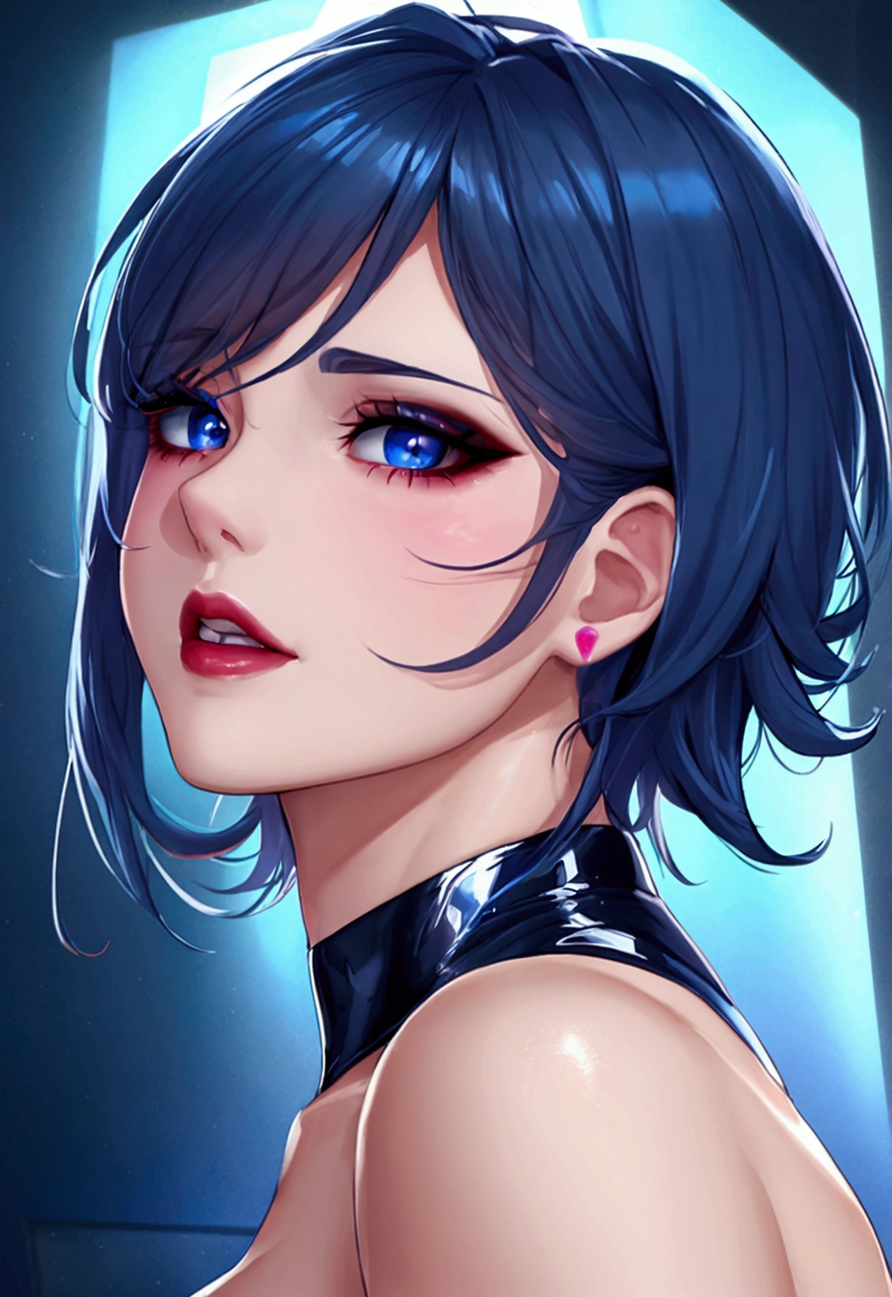 (Canon 50),(Rendered by octane),8k, seducer, symmetrical face, Dramatic cinematic lighting, (very strong blue lighting from behind), (light orange glow on the left side, Dramatic +2, hyper realist, spirited, very sexy pose. 1womanl, detail on the face, Focus on the face, straight short hair, bangss, hyperrealistic eyes, blue color background, highlight on lips that show fissures, lips with pink lipstick, half-open mouth showing part of the tooth. Black lined eye makeup.