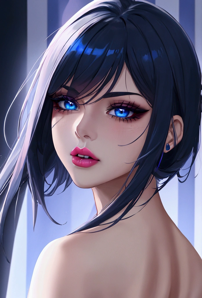 (Canon 50),(Rendered by octane),8k, seducer, symmetrical face, Dramatic cinematic lighting, (very strong blue lighting from behind), (light orange glow on the left side, Dramatic +2, hyper realist, spirited, very sexy pose. 1womanl, detail on the face, Focus on the face, straight short hair, bangss, hyperrealistic eyes, blue color background, highlight on lips that show fissures, lips with pink lipstick, half-open mouth showing part of the tooth. Black lined eye makeup.