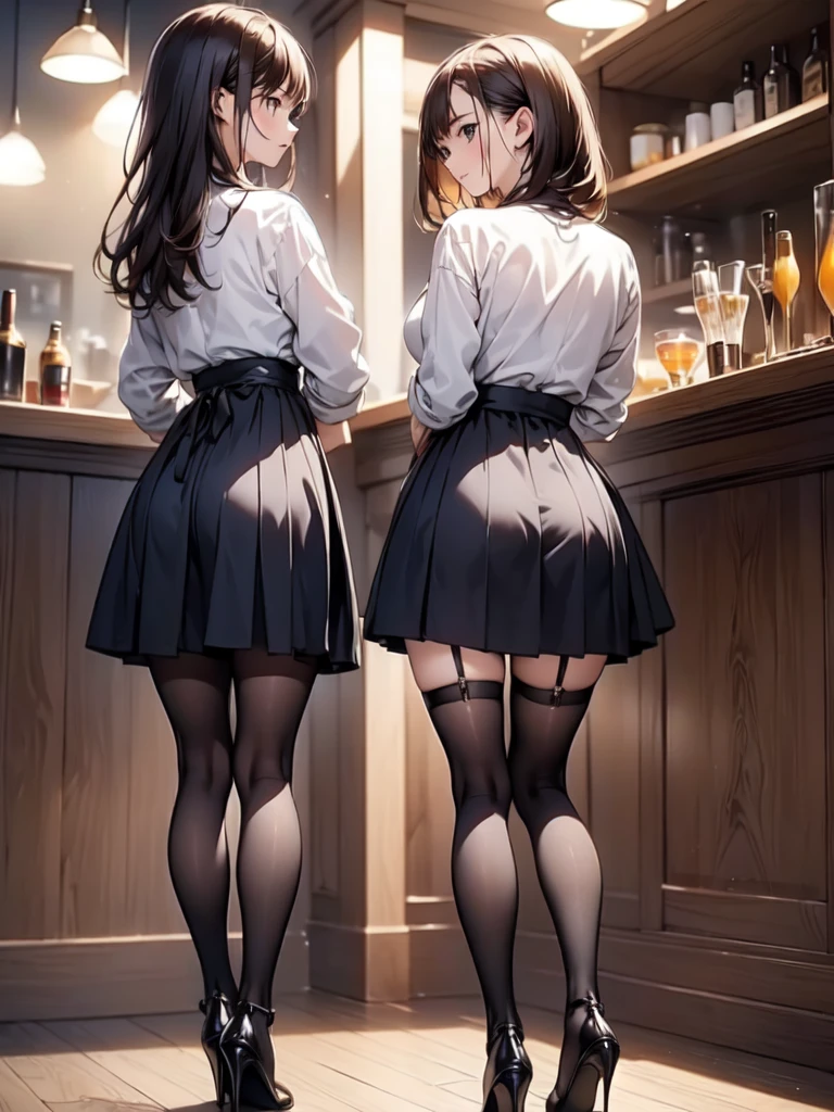 (masterpiece:1.3),(best quality, highest quality),((Full Body Shot,Including face)),girl2s,4K,masterpiece,((Focus on the face)),((Symmetrical facial features)),Beautiful woman,(slender),((High heels,Patterned stockings with straps)),Detailed depiction of the face, Cafe clerk ,In front of the bar counter,profile,Long skirt,slenderな女性,Cafe uniform,Back view,Age 25