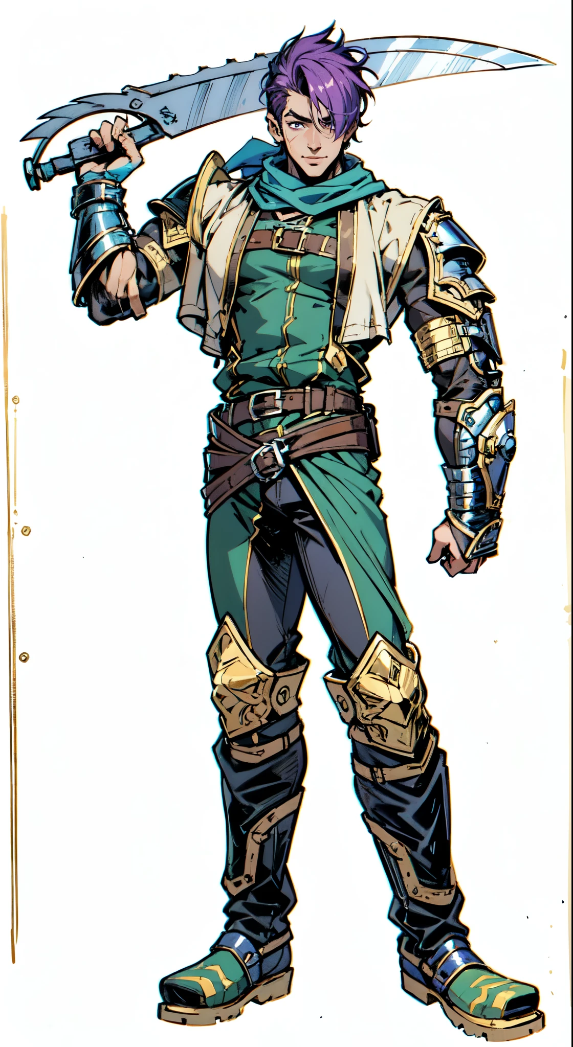 (masterpiece:1.2, best quality:1.2, extremely delicate:1.2), ((male:1.5)), a young man with short blue-purple hair, side-swept bangs covering one eye, a confident expression, a scar on the bridge of his nose, a slight smile on his lips, a dark green scarf around his neck, a fantasy-reality style rogue outfit, an open dark short vest, a layered futuristic tight armor underneath that emits a silver-blue glow, small fitted shoulder armor, matching arm guards and shin guards, a two-piece leather belt at his waist, layered canvas trousers, tall boots, he holds a serrated blade horizontally behind him with his raised right hand, standing imposingly on a windy and sandy hillside, this character embodies a finely crafted fantasy-reality-style rogue in anime style, exquisite and mature manga art style, dramatic, high definition, highres, ultra-detailed, ultra-fine painting, professional, perfect body proportions, golden ratio, anatomically correct, symmetrical face, extremely detailed eyes and face, high quality eyes, creativity, RAW photo, UHD, 32k, Natural light, cinematic lighting, (masterpiece-anatomy-perfect:1.2)