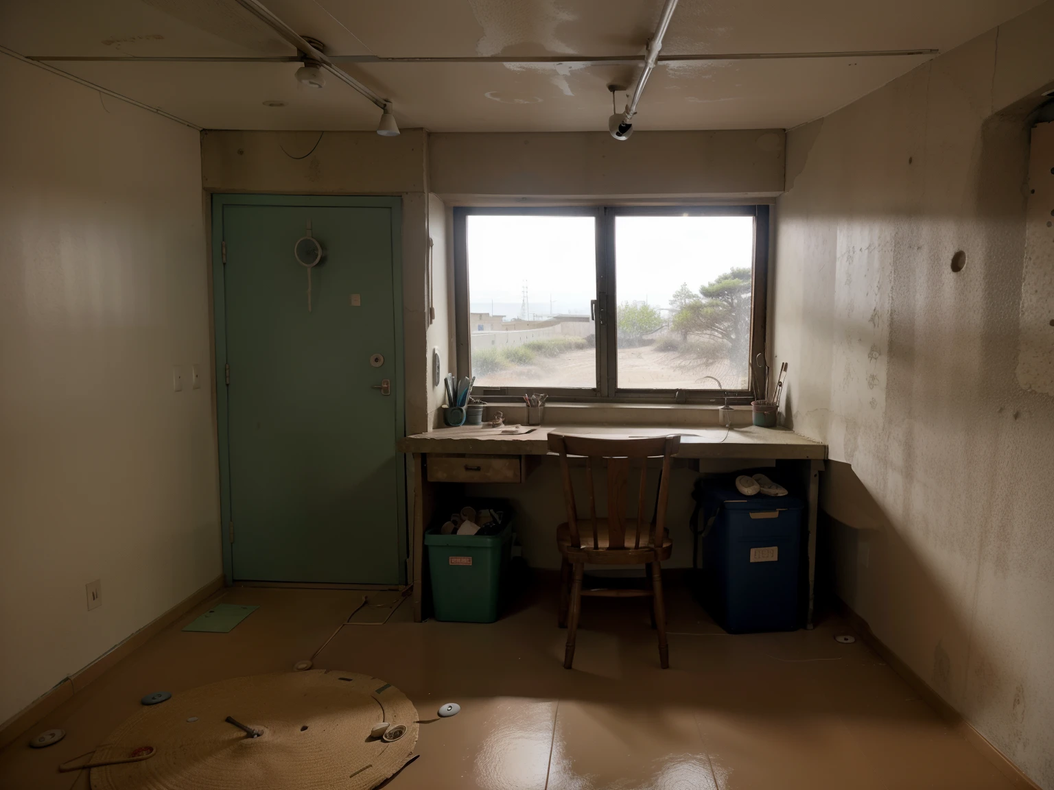 inside a bunker, room, indoors window, desk, button on wall, phone