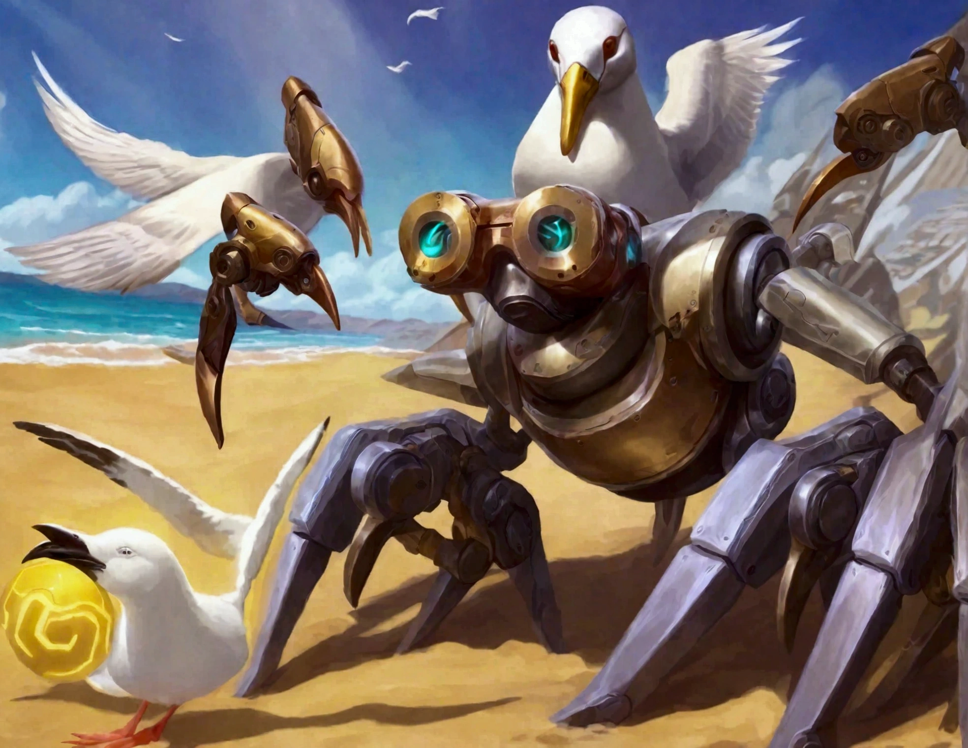 a steam punk crab cyborg does battle with a robotic seagull on the beach