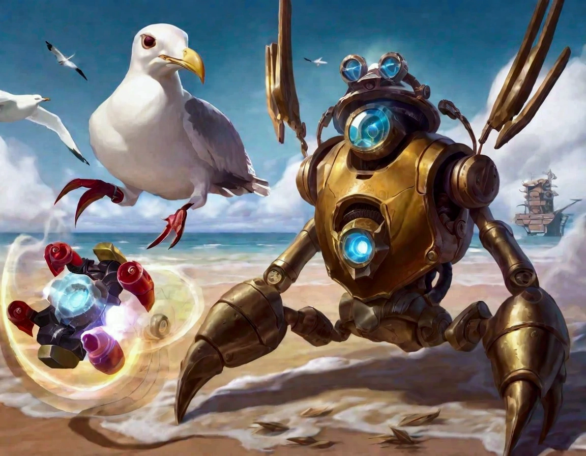 a steam punk crab cyborg does battle with a robotic seagull on the beach