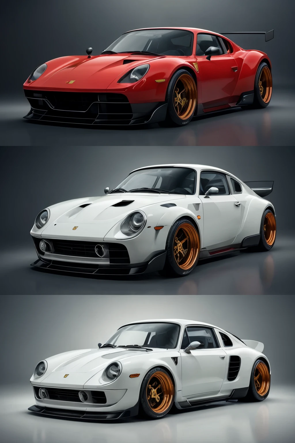 Draw a captivating fusion of the Ferrari Dino, Volkswagen Fusca, and Porsche Carrera GT in three distinct frames, showcasing an unusual yet mesmerizing blend of automotive designs.

Frame 1 - Front View

The fusion car comes to life in the front view, displaying the iconic Ferrari Dino grille, with its distinctive oval shape and three-lamp configuration, seamlessly integrated with the classic round headlights of the Volkswagen Fusca. The lower bumper features sleek intakes reminiscent of the Porsche Carrera GT, while the hood houses a modern V12 engine, hinting at its powerful capabilities.