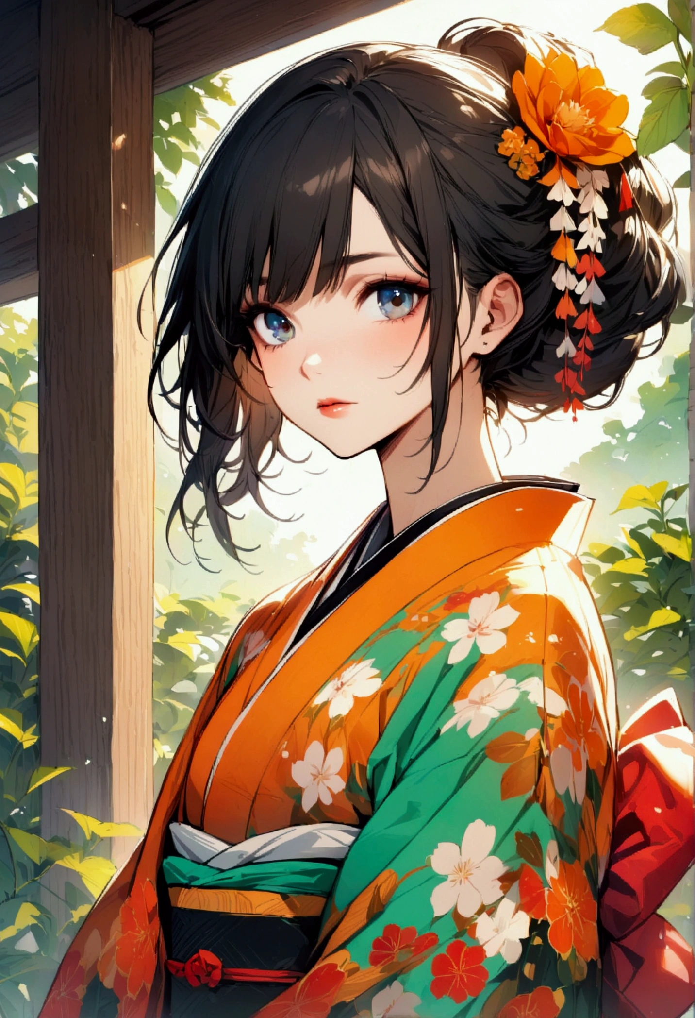 Highest quality, so beautiful, Very detailed, Best illustrations, kimono, One girl, black_hair