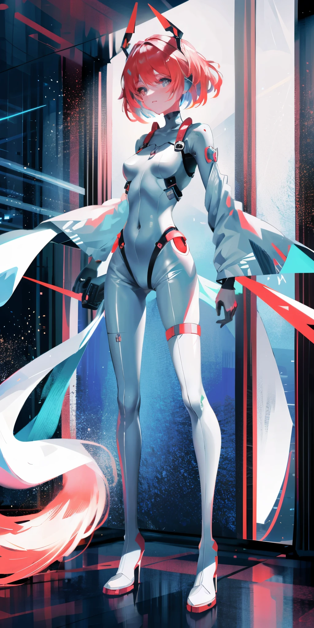 （Best quality：1.2），1 girl，Alone，permanent_，Ayanami Rei，White jumpsuit，Red Eyes，Pilot suits，short hair，Blue Hair，Bangs，Interface Headphones，turtleneck sweater，Hair between the eyes，Pixelated background，Neon lights，Sci-fi color scheme，Vibrant colors，Metallic，Detailed shadows，Holographic interface，Dark atmosphere，High contrast，Clear focus，A strand of hair，shiny reflective surfaces，Exquisite details，high resolution，Studio Lighting，Red embellishment，Lighting environment，Artificial intelligence assistant