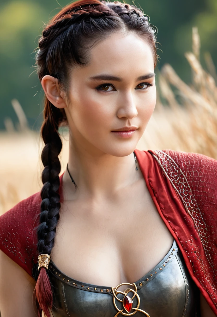 masterpiece, Christina Chong beautiful face, narrowed eyes. smirk. black braided hair, beautiful elf, (delicate red transparent armor), (medium breasts), (perfect body), (redblonde, length hair), outside, (Skin texture:1.1), best quality, ultra high resolution, RAW-Foto, Nikon D850, Contre-Jour, rim light, bright sunlight, film grain:1.2, (warm hue, warmer Ton:1.2), (color photo), Fantasy Battlefield Background,
