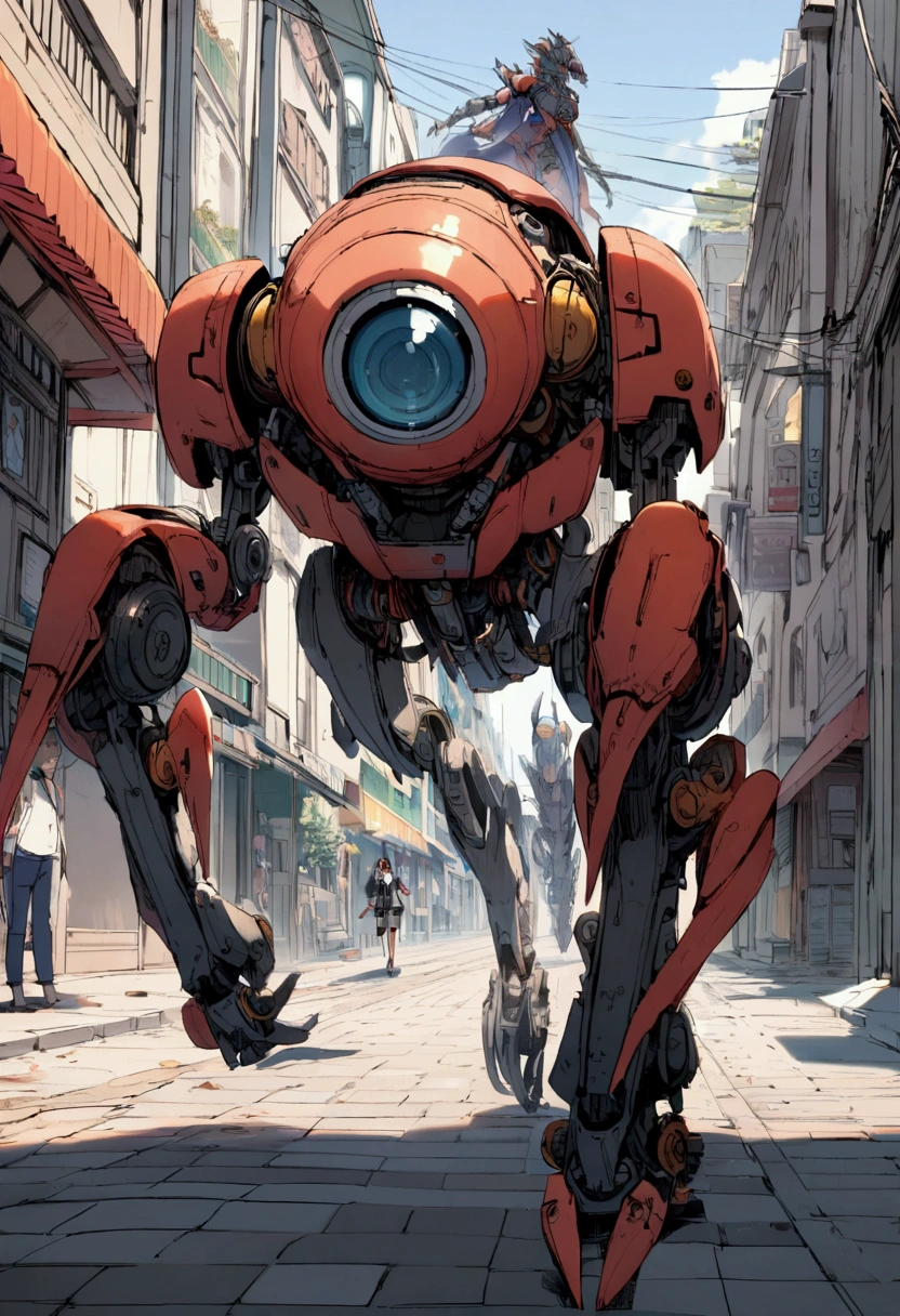 sexy mechanical creature walking in the city, daylight