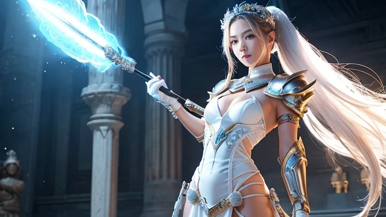 Goddess of wisdom and war、He has a big cool mechanical spear.、Long ponytail、She wears white armor over a flashy white skin-tight dress..、Foot armor