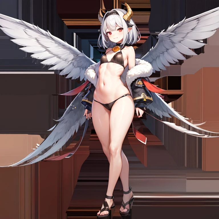 chest, High resolution, sight, smile, Shortcuts, bangs, Red eyes, Headpiece, 目の間のbangs, head band, Horns of the beast, Multiview, Decorative arts, masterpiece, Accurate, Anatomically correct, 最high quality, High resolution, Attention to detail, High resolutionモデル, high quality, Very detailed, Grey Hair, Silver Hair, 交差するbangs, Hide your ears, Please open your mouth a little, teeth, teethを見せて笑う, Slanted Eyes, Multiview, Setting diagram, Status Table, bonus, Character Design画, head band, Mole at the corner of the mouth, Feather Hair Accessories, Cast a Shadow, 8k octane, anime, anime風, Character Design, Brown Skin、Bone wings on the back、chestの露出、Shoulder Bare、Mechanical Limbs、Exposure of the belly、Fluorescent orange lines on clothes、whole body、