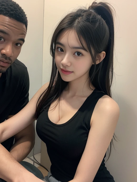 girl((wearing tanktop, cleavage))gf with black man bf