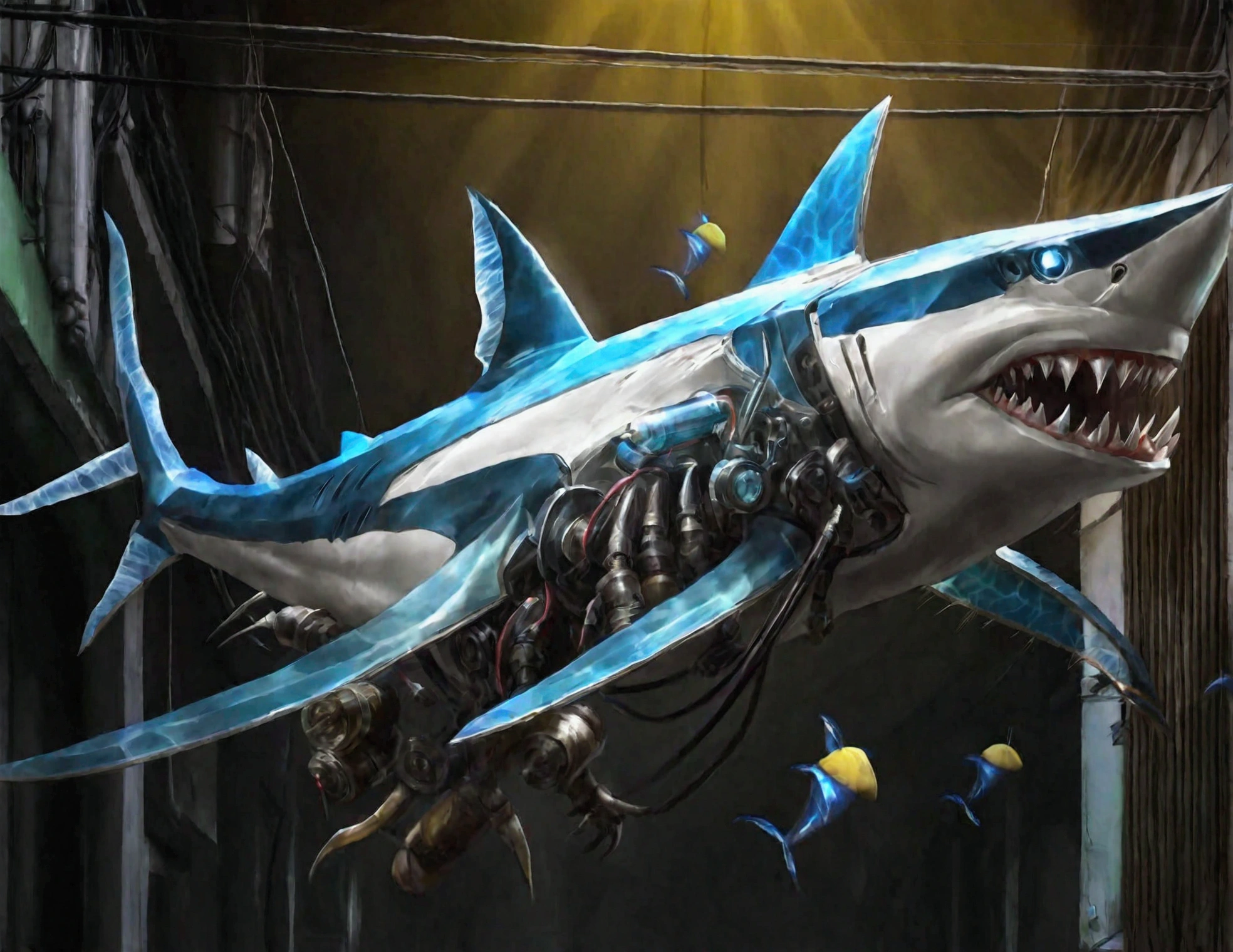 A cybernetic shark with many mechanical insect legs terrorizes Bangkok