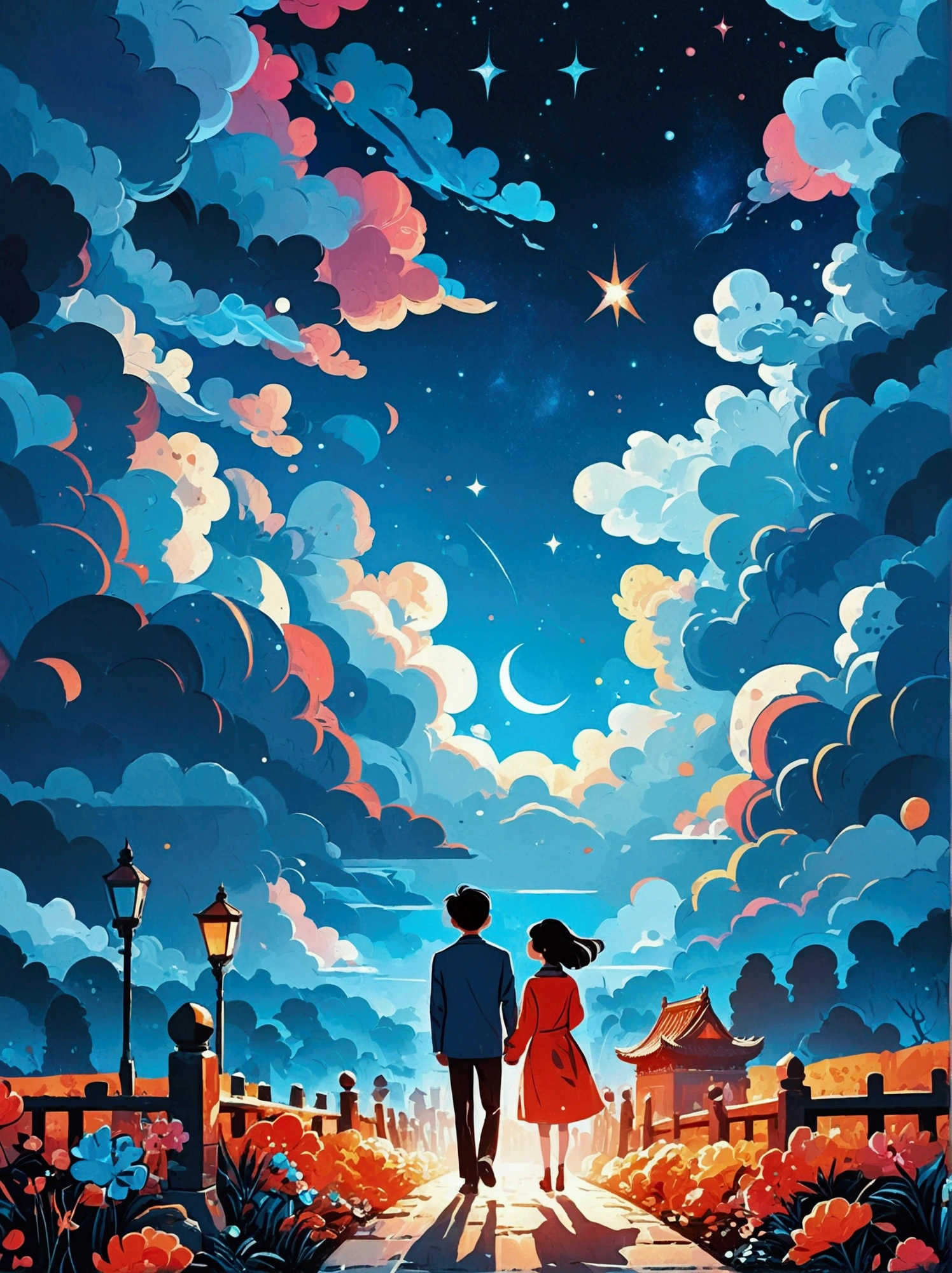 (8k,Bright colors,Bright,Ultra high saturation,rgb, Colorful), Cartoon, Character Design, Surreal photos,Matt Boles' comics,Simple,clean,soft,Exquisite,Summer Night,The deep blue sky is dotted with stars,A couple taking photos close up,Many pedestrians around,The background is the city landmark Beijing,full of romantic atmosphere,Detailed clouds and sky,Sense of space,White space,interesting,Innocence,Psychedelic Art,可爱的Q版Cartoon风格,Simple的背景,Colorful illustrations, Bright colors, Full body image, HD, High-resolution images in a Q-version style