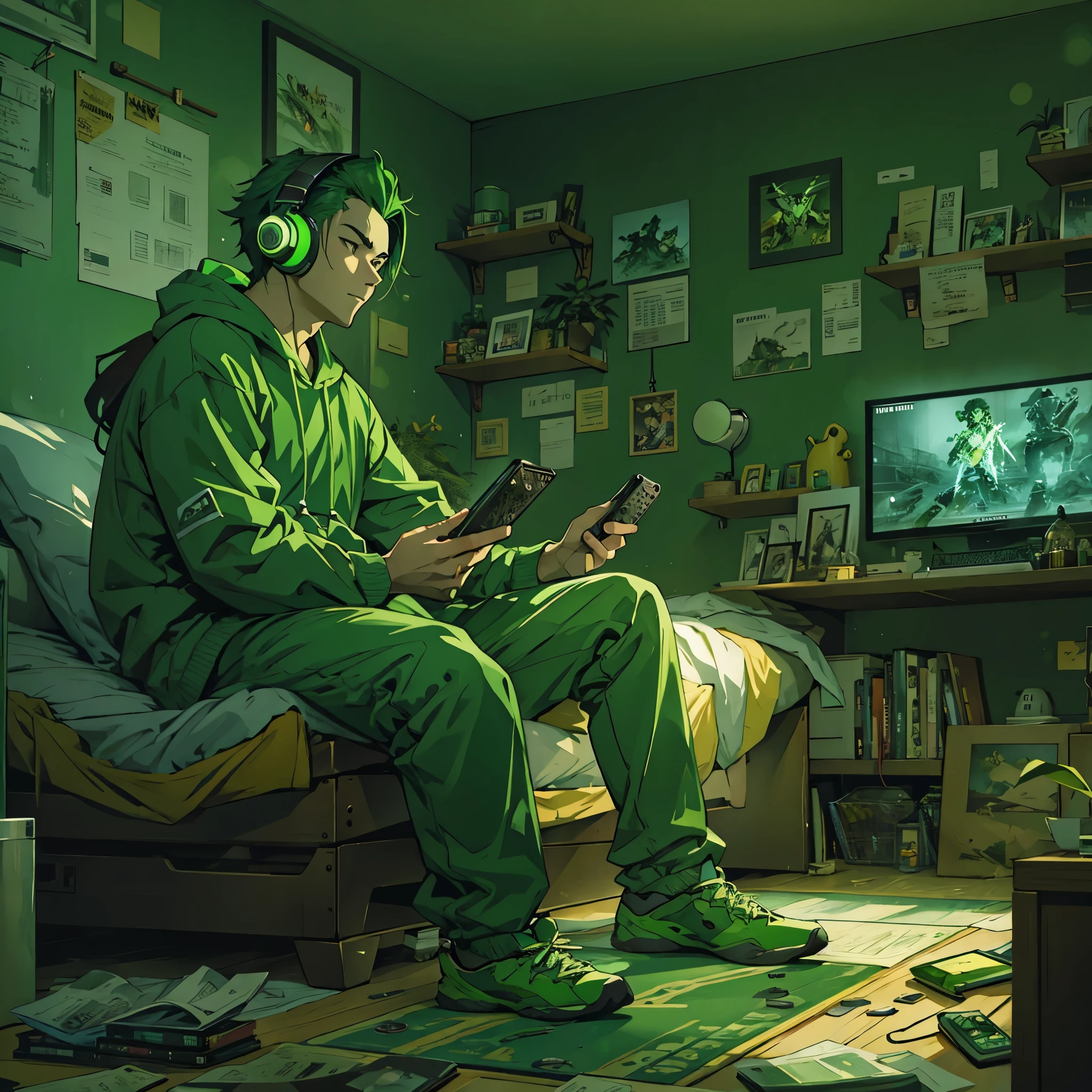 Inspired by the proponent of MBTI、A man in green clothes playing video games in his room。Stylish and cool。