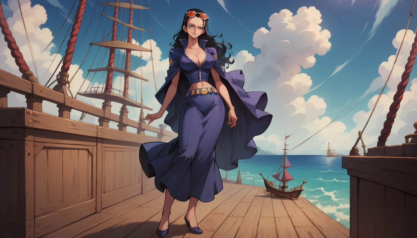 Nico Robin from one piece, full body ,curvy figure, chin-length ,tall, slender ,shoulder-length black hair styled in a classic and eyes that have dark, wide pupils , wearing clothing that is either dark in color (often black or purple), on a pirate ship background, beautiful sea scenery