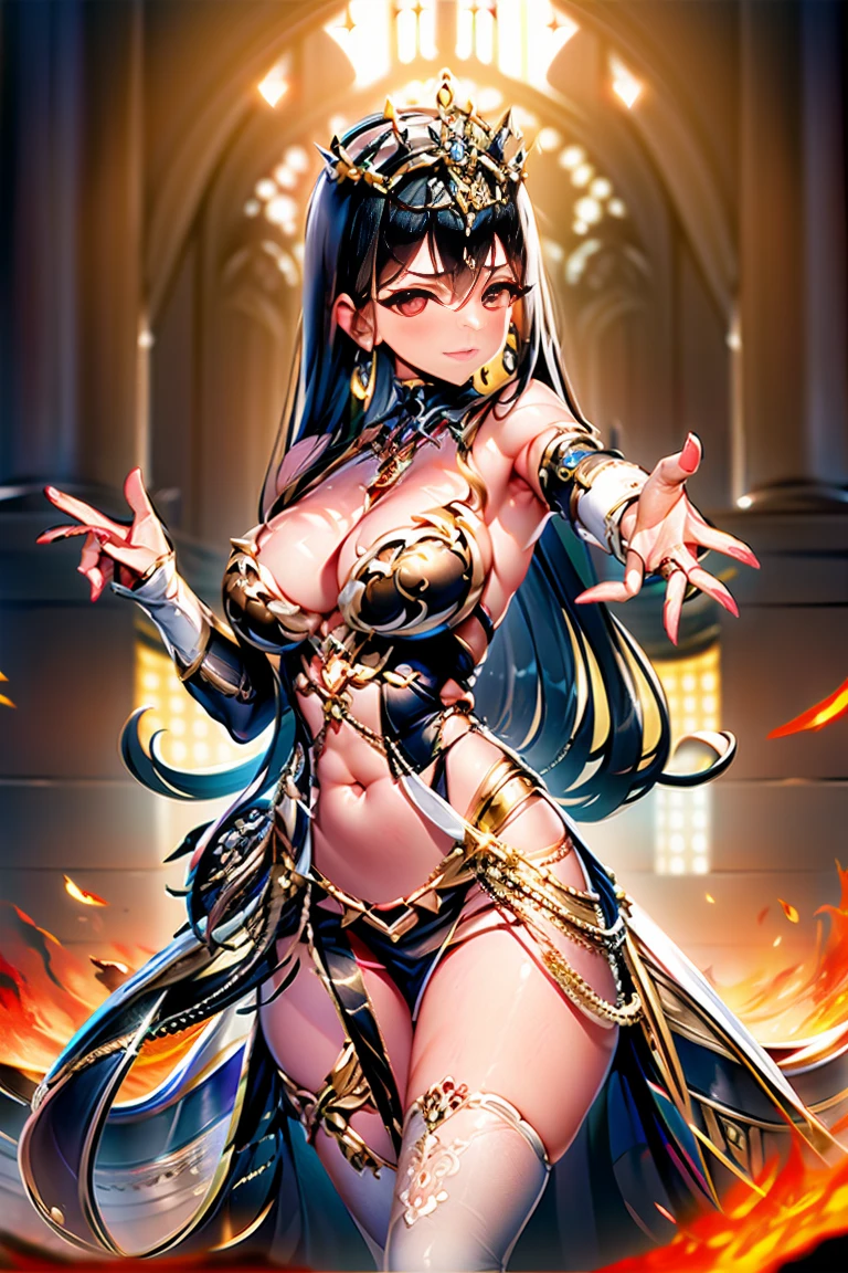 tiara, dress, showgirl skirt, long hair, black hair, red eyes, hair between eyes, cleavage, large breasts, bare thighs, bare shoulder, thighighs, panties, navel, sleeveless, midriff, perfect hands, perfect fingers, acuurate fingers, super fine illustration, best quality, ultra detailed, masterpiece, masterwork, by famous artist, official art, exquisite, beautiful, fingers skin, both arms, two arms, both hands, two hands, (((bare hands, bare fingers))),