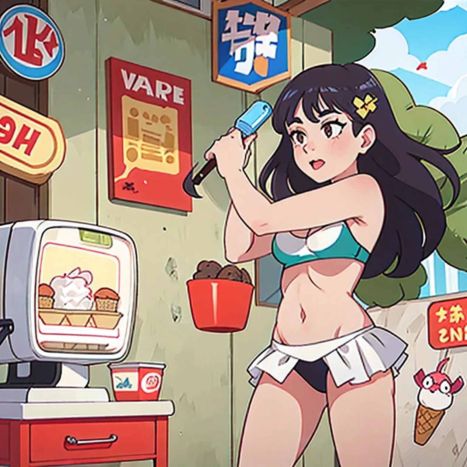 girl in a bikini eating an ice cream cone, eating ice cream, in a bikini, angela white, giorgia meloni, katy perry, in bikini, eating ice - cream, wearing spandex bikini, ice cream on the side, bikini, ice cream, wearing a bikini, candid photo of dirty, shiny plastic bikini, candid shot, cone, 1 girl, solo,in a green dress standing by a wall,portrait of female idol