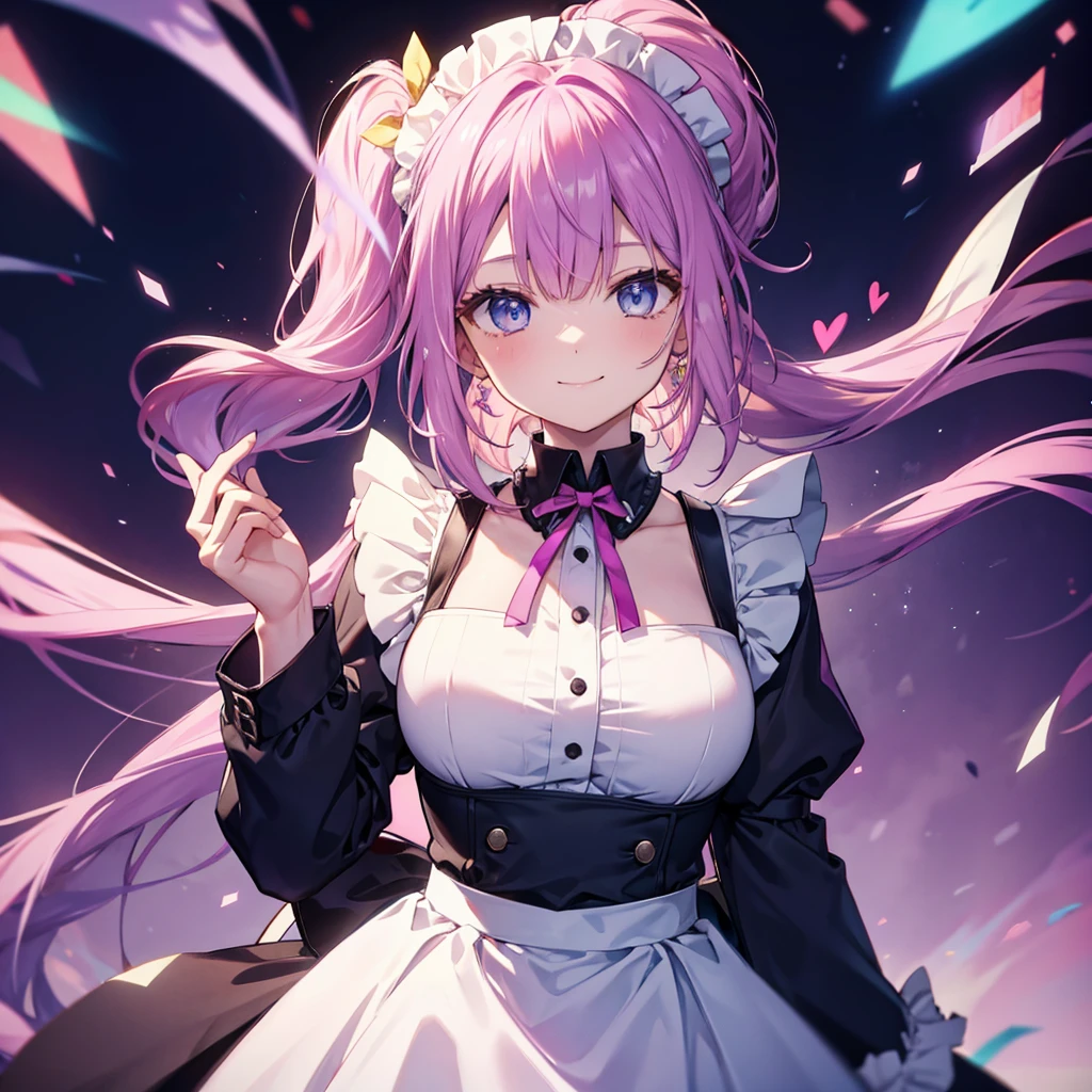 1人のwoman((Maid,smile)) Pink Background,heart,Shining, woman,(Purple Hair,Side Ponytail,Yellow mesh, neon blue eyes,Super Shine) polite anime wind blowing,Flowers fall off,Ahead