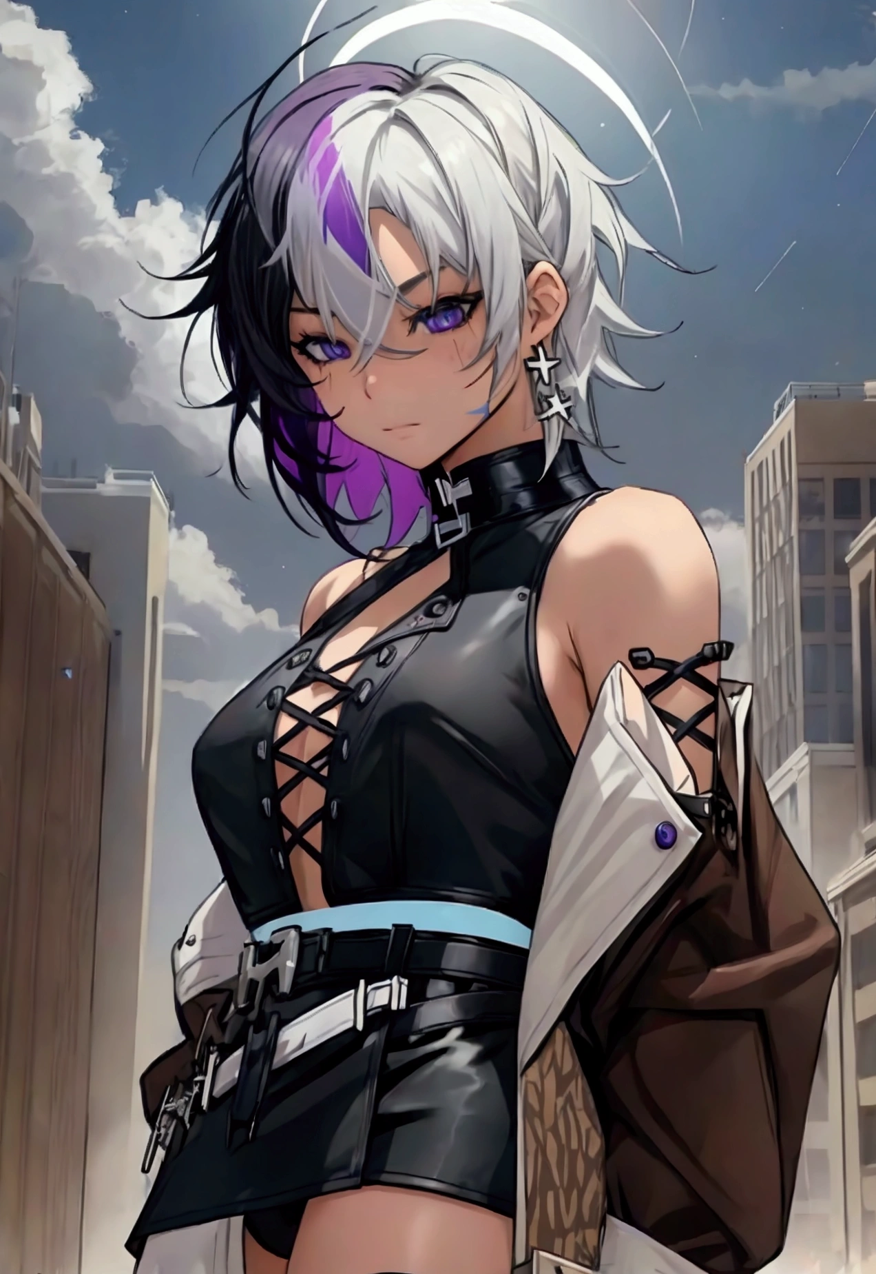 streaked_hair,multicolored_hair,purple hair,black hair,cross-laced_clothes,hairpin,star(symbol),cross-laced_corset,short hair,side view, GtsGiga, giantess art,Rampage, bare shoulder,croptop, leopard print legging,gaudy,neon sun visor,large bosom, full body