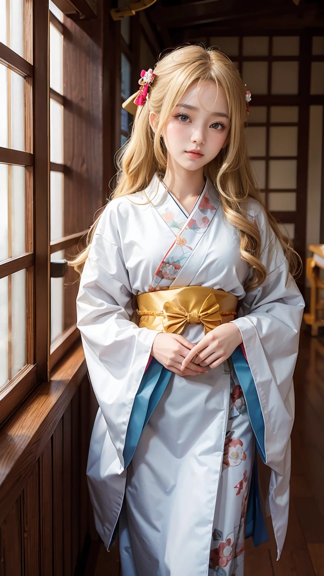 Anime girl with wavy blonde hair and brown eyes.,Wearing a traditional princess-style Japanese kimono with a bow at the waist.,Soft images,Fantasy,ornamentation,white balance