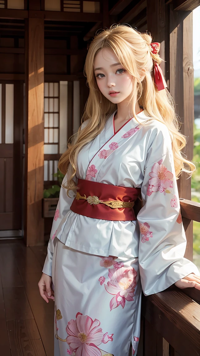Anime girl with wavy blonde hair and brown eyes.,Wearing a traditional princess-style Japanese kimono with a bow at the waist.,Soft images,Fantasy,ornamentation,white balance