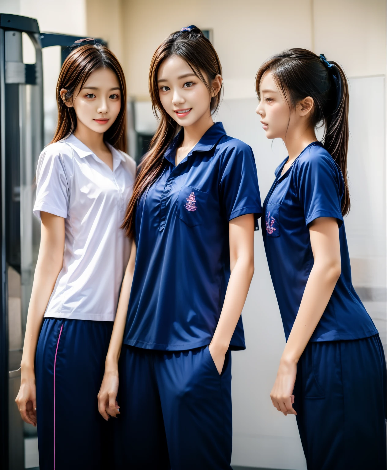 3 girls in fitness center, Navy blue short-sleeved shirt,Navy Long Trackpant,Sweatpants, Sweatpantsขายาว,25 year old girl, lesbian, sexy, exercise clothes, wet body, exercise clothes