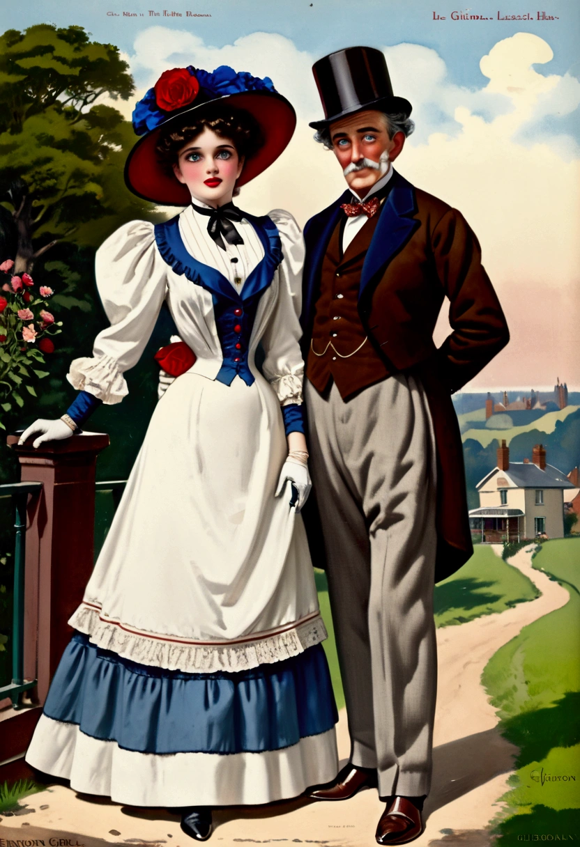 (((A couple cavorting on a summer's afternoon. 1 girl, 1 man))). Betty Boop as a (((small stylish 14yo brunette teenage Gibson Girl wearing an Edwardian outfit))) consisting of a high-neck long sleeve dress, an ornate wide-brimmed picture hat with a veil in the front topped with flowers, ribbons and feathers, also wearing gloves in both hands, a sash tied around her waist, a floor-length skirt and a pair of buttoned boots. She has a 40-20-40 hourglass figure with large breasts and a larger rear. (((Her gorgeous face has two big blue eyes and pouty red lips curled into a coquettish smile))). Sitting next to her is an (((ugly, large, horny 69yo gentleman admiring her lasciviously))), to which the girl playfully feigns indifference. He wears a three-piece morning suit, consisting of a black frock coat, cravat, starched collar, waistcoat, trousers, spats and top hat. (((He has an aged face, thinning gray hair and thick muttonchops))). He has a noticeable bulge inside his trousers. 1900s fashions. Full body. Secluded countryside.