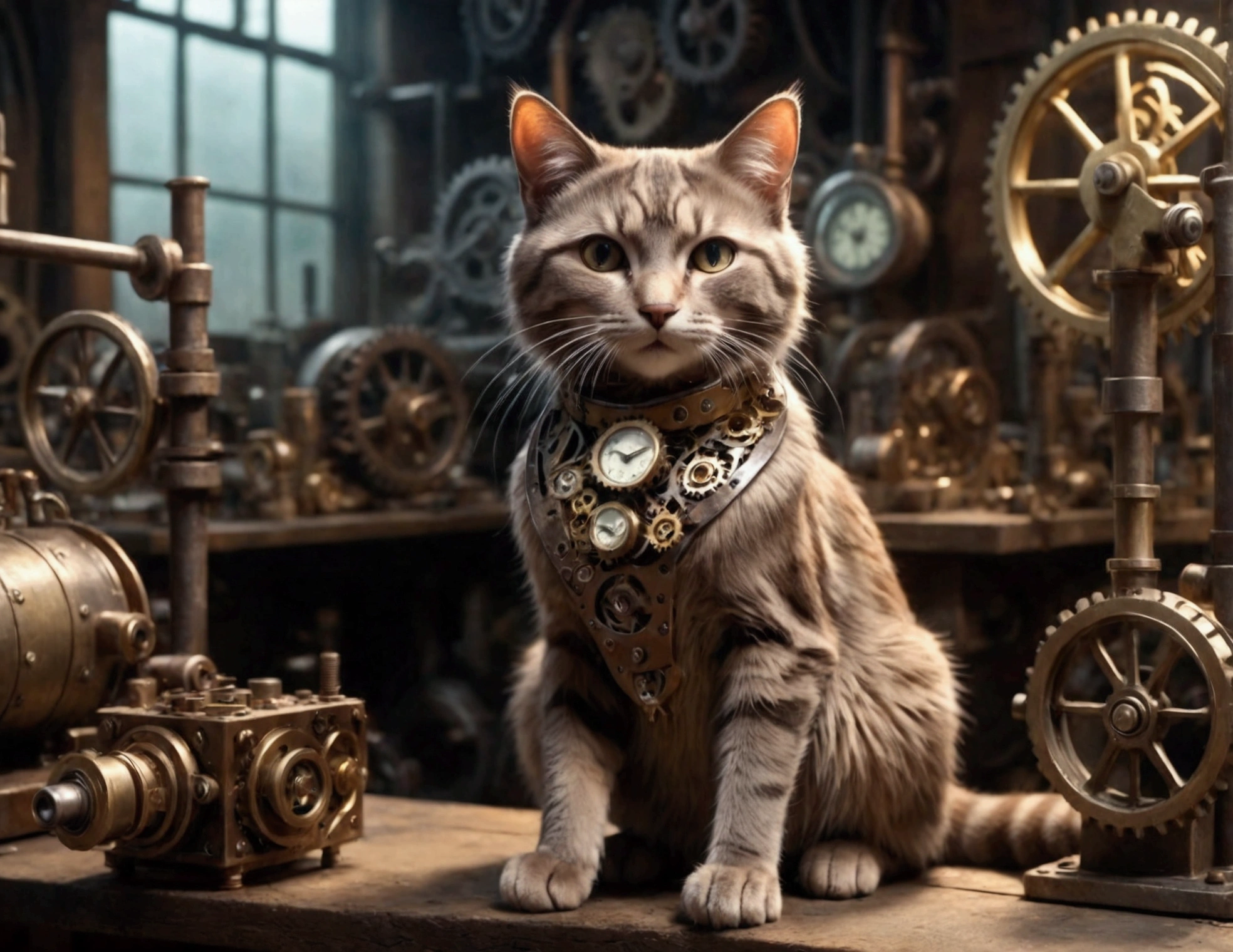 a clockwork cat poses on a table, in a workshop, steampunk, intricate gears, brass mechanisms, vintage, industrial, abandoned workshop, cluttered environment, dimly lit, moody lighting, high quality, photorealistic, (best quality,4k,8k,highres,masterpiece:1.2),ultra-detailed,(realistic,photorealistic,photo-realistic:1.37)