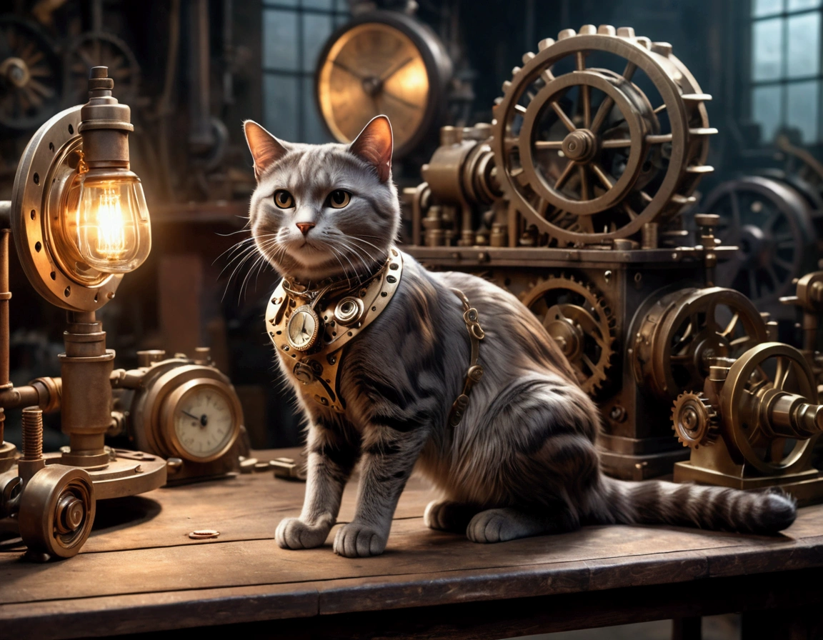 a clockwork cat poses on a table, in a workshop, steampunk, intricate gears, brass mechanisms, vintage, industrial, abandoned workshop, cluttered environment, dimly lit, moody lighting, high quality, photorealistic, (best quality,4k,8k,highres,masterpiece:1.2),ultra-detailed,(realistic,photorealistic,photo-realistic:1.37)