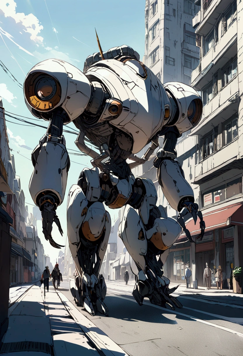 sexy mechanical creature walking in the city, daylight