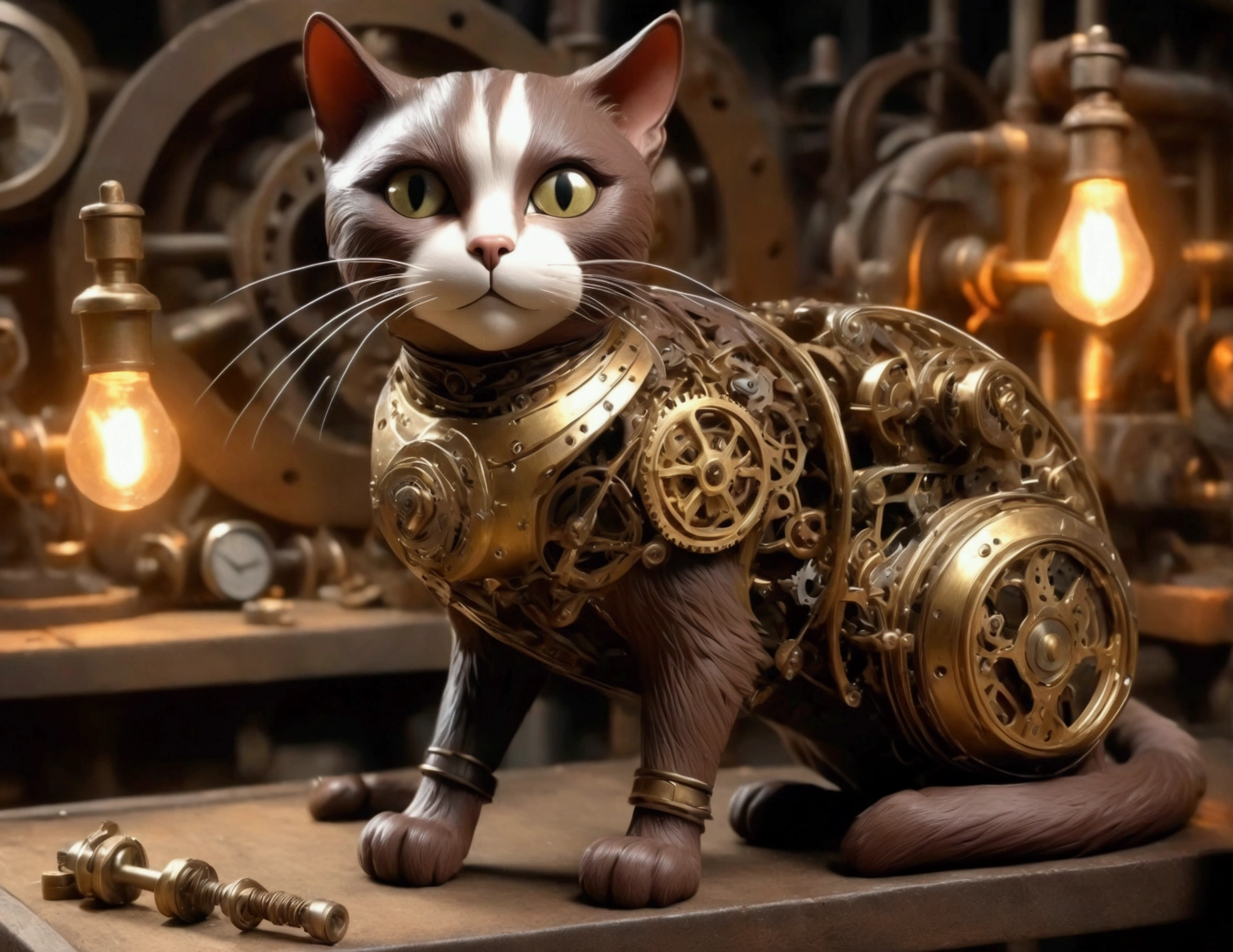 a clockwork cat poses on a table, in a workshop, steampunk, intricate gears, brass mechanisms, vintage, industrial, abandoned workshop, cluttered environment, dimly lit, moody lighting, high quality, photorealistic, (best quality,4k,8k,highres,masterpiece:1.2),ultra-detailed,(realistic,photorealistic,photo-realistic:1.37)