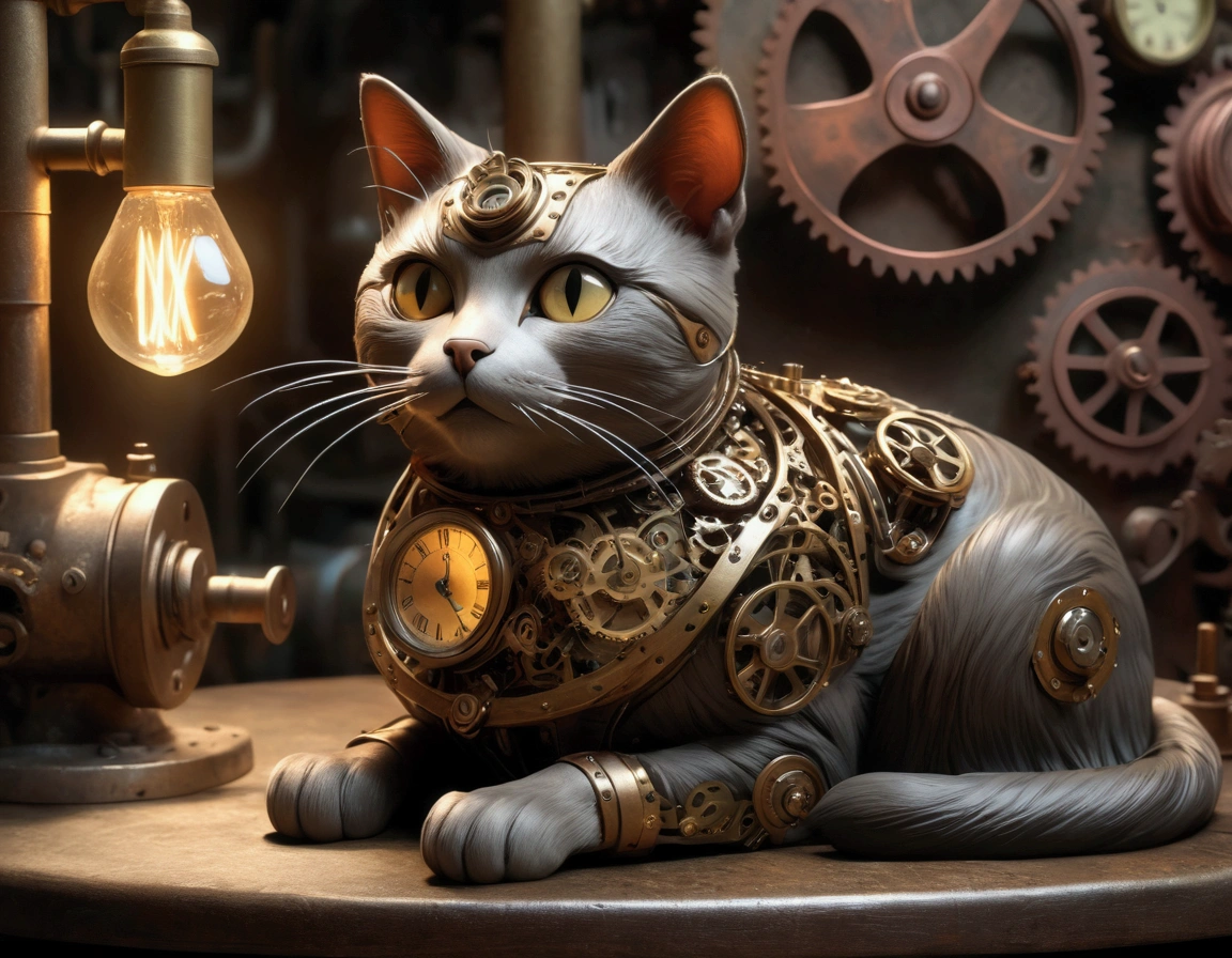 a clockwork cat poses on a table, in a workshop, steampunk, intricate gears, brass mechanisms, vintage, industrial, abandoned workshop, cluttered environment, dimly lit, moody lighting, high quality, photorealistic, (best quality,4k,8k,highres,masterpiece:1.2),ultra-detailed,(realistic,photorealistic,photo-realistic:1.37)