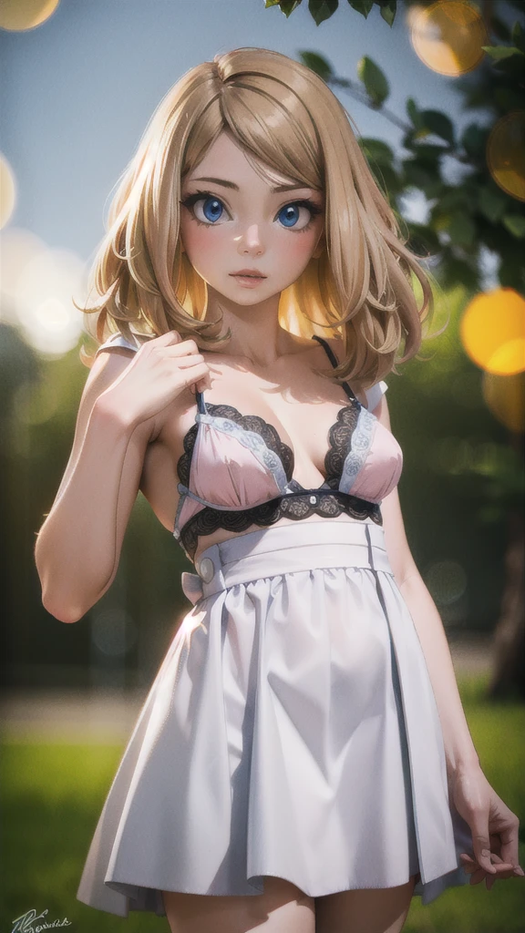 Serena as a cute girl wearing a white microskirt, pastel pink lingerie and white lace details, beautiful detailed eyes, beautiful detailed lips, extremely detailed face, long eyelashes, elegant pose, graceful, delicate, soft lighting, warm colors, serene, dreamy, ethereal, (best quality,4k,8k,highres,masterpiece:1.2),ultra-detailed,(realistic,photorealistic,photo-realistic:1.37),studio lighting,professional,vivid colors,bokeh