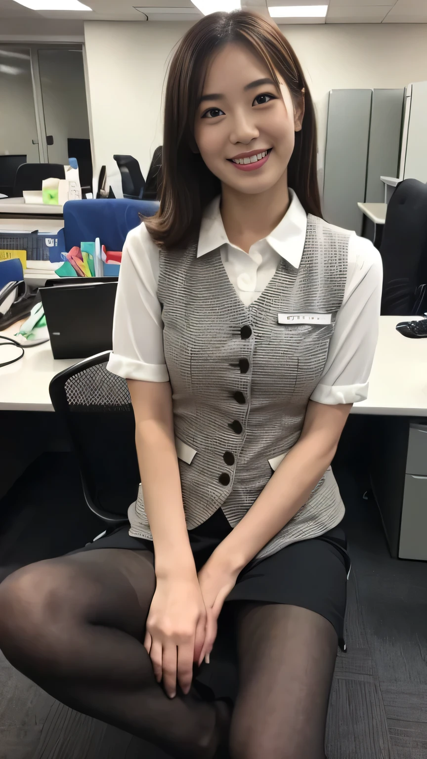 Highest quality、8k、masterpiece、Ultra-high resolution、Clear photos、Professional Lighting、Natural light、Realistic,、Highly detailed skin、Perfect Anatomy、One Woman、30 years old、:1.6、Large Breasts、Glamour、Bob Hair、Brown Hair、Beautiful Hair、smile、((Office Uniforms))、((Checked office vest:1.2))、((Tight mini skirt:1.2))、((Perfect Pantyhose:1.2))、((Black Pantyhose))、blue sky、at the park、((Sit on a bench))、(((Spread your legs:1.5)))、(((Hands behind back:1.5)))、((Full Body Shot:1.1))