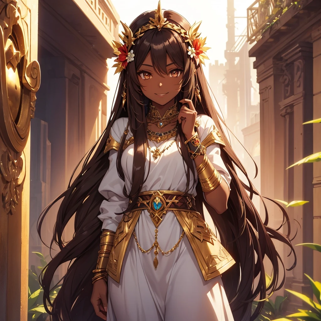 NefertariFate, 1girl, solo, long hair, brown hair, light armor hair ornament, dress, brown eyes, jewelry, hair flower, dark skin, necklace, bracelet, dark-skinned female, smile , golden eyes , sexy