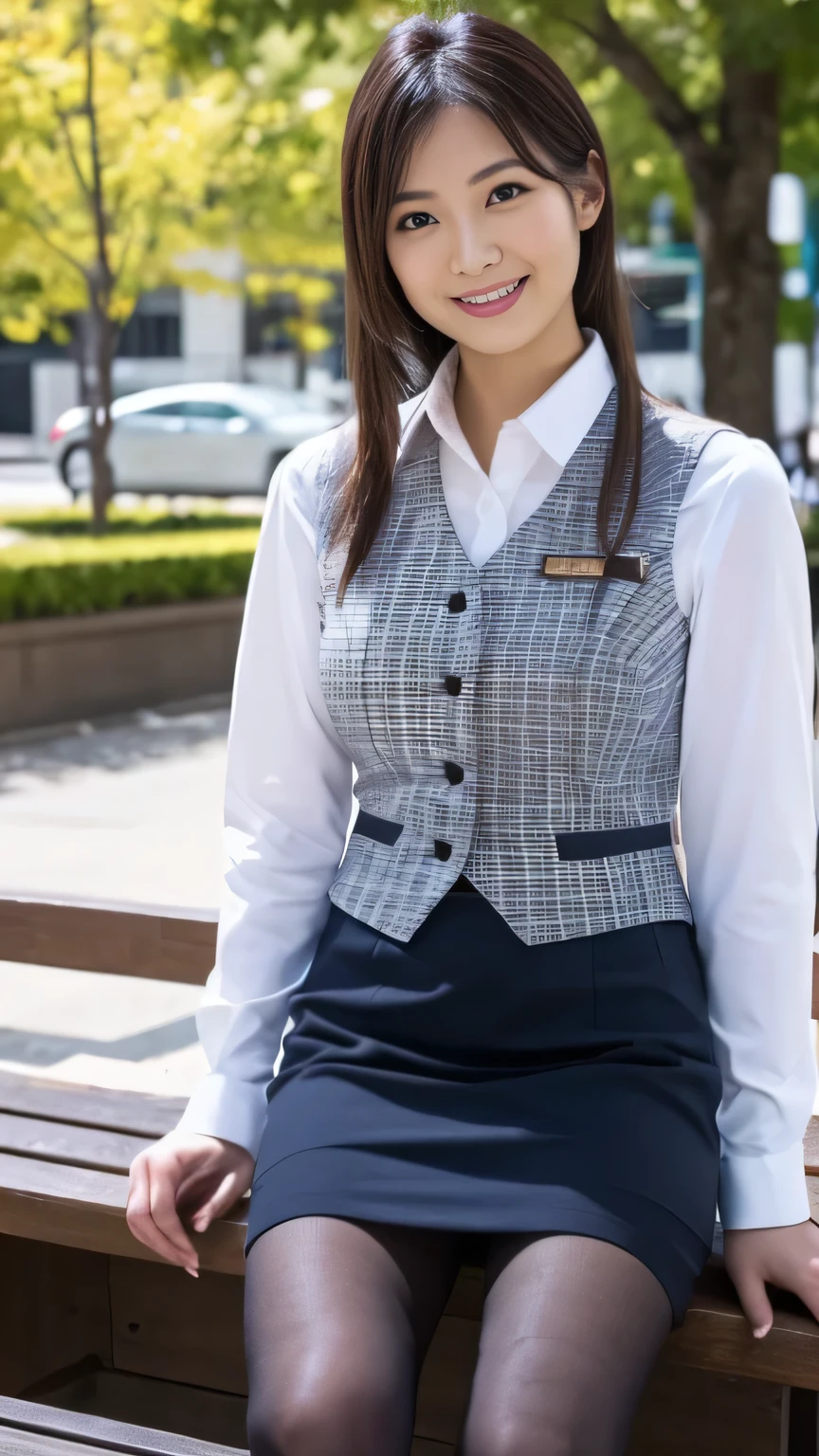 Highest quality、8k、masterpiece、Ultra-high resolution、Clear photos、Professional Lighting、Natural light、Realistic,、Highly detailed skin、Perfect Anatomy、One Woman、30 years old、:1.6、Large Breasts、Glamour、Bob Hair、Brown Hair、Beautiful Hair、smile、((Office Uniforms))、((Checked office vest:1.2))、((Tight mini skirt:1.2))、((Perfect Pantyhose:1.2))、((Black Pantyhose))、blue sky、at the park、((Sit on a bench))、(((Spread your legs:1.5)))、(((Hands behind back:1.5)))、((Full Body Shot:1.1))