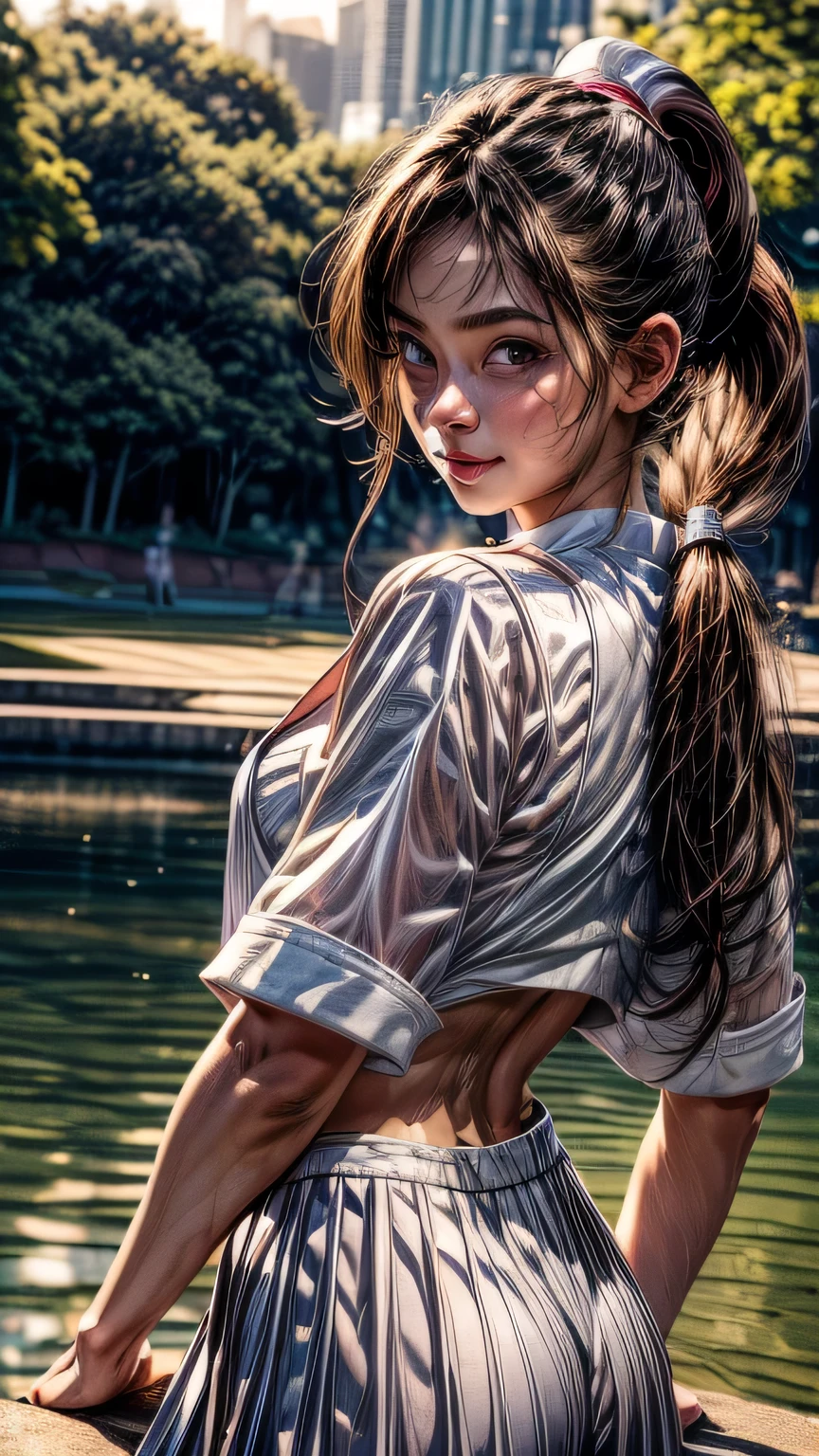 One girl, high school girl、(((リボン付きSailor suit))), Summer clothes、Wet and transparent、((Navy pleated ocks、loafers、ponytail、school bag)、My belly is visible through my clothes、cute, wonderful, Beautiful attention to detail, Iris, Black Hair, In detail, Depth of written boundary, Highly detailed CG, original, Highly detailed wallpaper, View your viewers, Detailed face, Cleavage, (Big Tits, Hard nipples)、Toned Abs, White skin, Realistic、(Cinema Lighting)、Detail emphasis, Beautiful lighting、(((Sailor suit))), Summer clothes、Wet and transparent, ((In the park after the rain))、Summer sunset、Realistic park、masterpiece, 最high quality, high quality, High resolution、 ((smile)), smileで、((Upper body portrait))), View from behind、