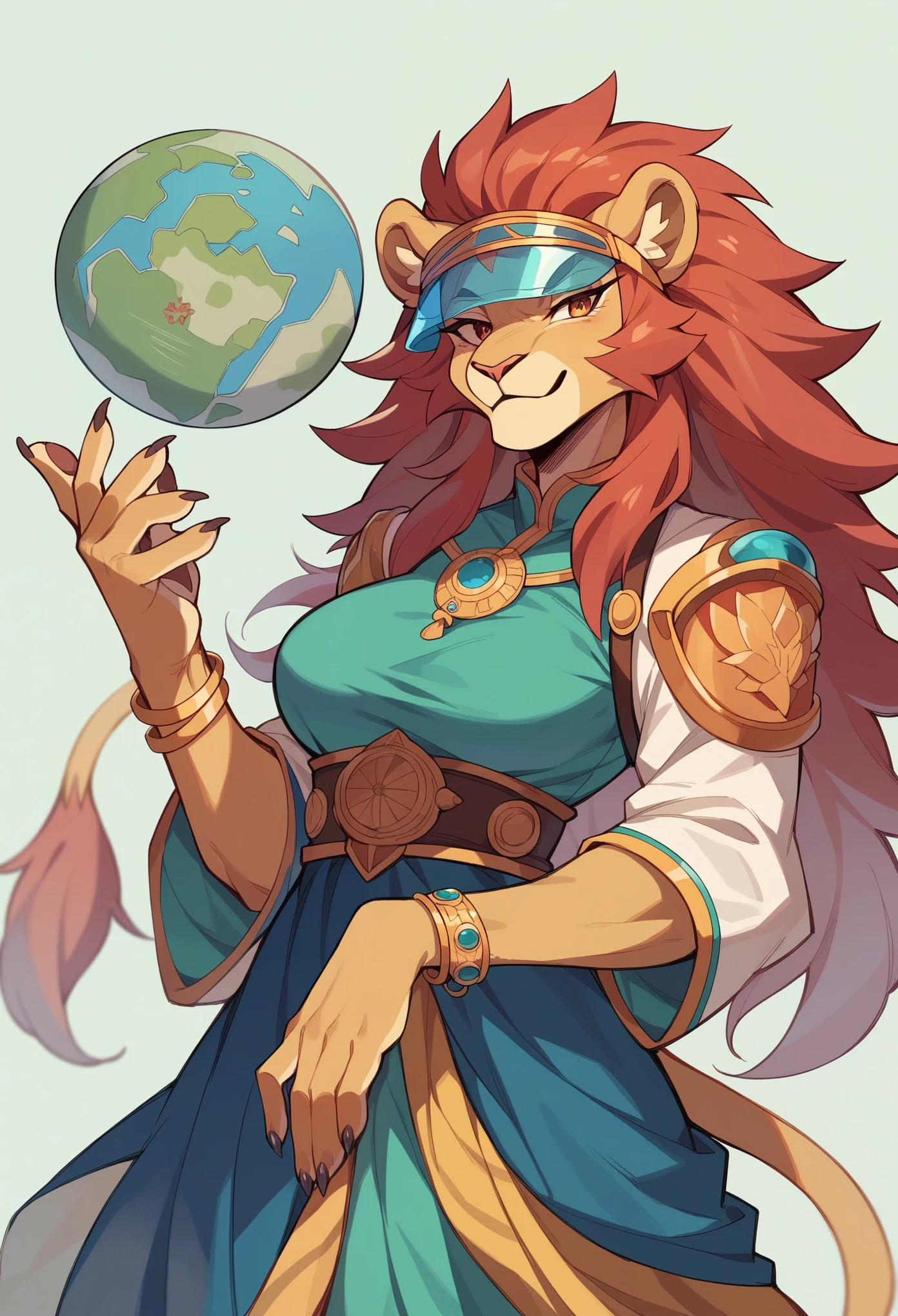 The leader of the Sentai that defends the Earth、The main color is red、Full-face type head、She is wearing a bracelet with a globe motif.、The design motif is a lion.、The visor design is reminiscent of a lion&#39;s head、The pose is a fighting stance with both hands raised.、A woman transforms、On both hands are gauntlets shaped like lion claws.、Armor on chest、Lion-mane design