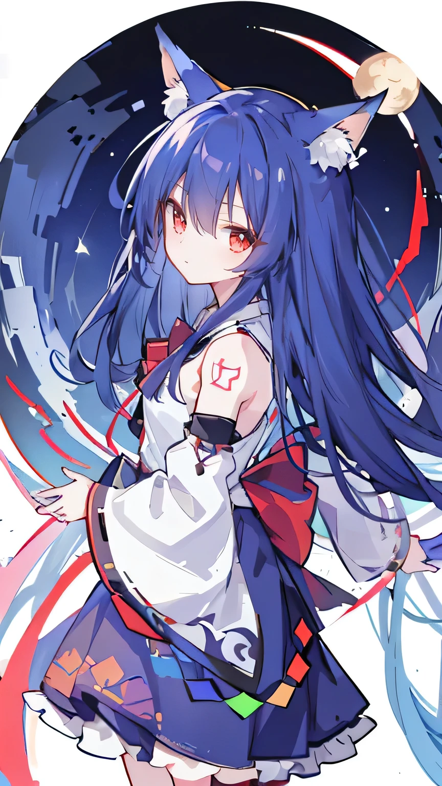 1girll, themoon, The bird, star_\(Skysky\), long_hair, starry_sky, ((Blue_hair))), critters, Wide_sleeves, natta, florals, night_sky, embrace, very_long_hair, full_moon, looking_at_viewer, ribbon_trim, Ribbon trimmed_sleeves, long_sleeves, a skirt, red_eyes, solo, japanese_clothes, Skysky,((medium)), ((Tattooed with))), fox ear, fox tails, girl fox,
