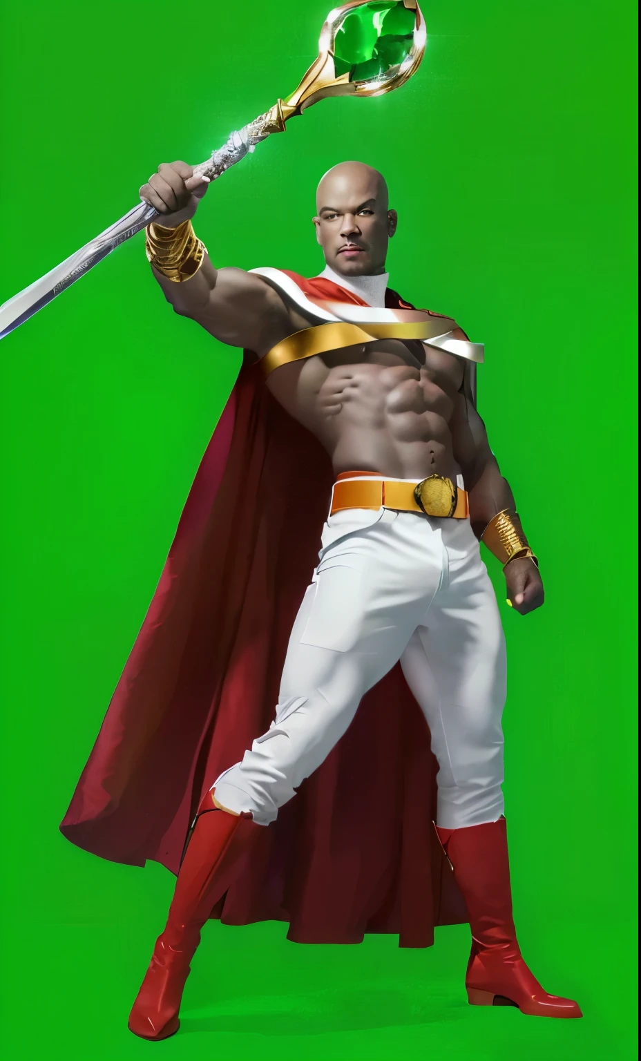 a muscular grey skinned bald man wearing white pants, a red cape, red boots, golden belt abd golden bracelets holding a long scepter with a green gem at the center
