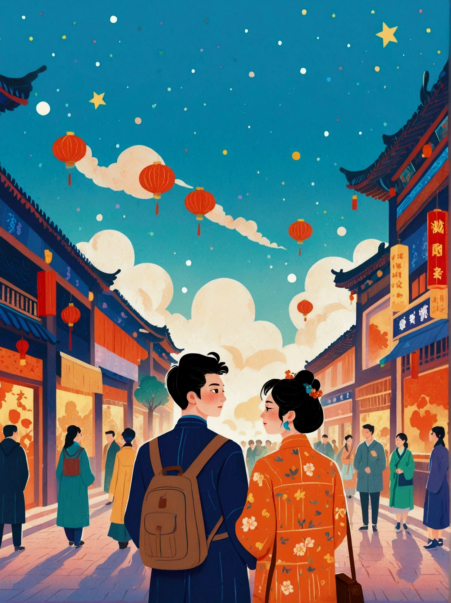 (8k,Bright colors,Bright,Ultra high saturation,rgb, Colorful), Cartoon, Character Design, Surreal photos,Matt Boles' comics,Simple,clean,soft,Exquisite,Summer Night,The deep blue sky is dotted with stars,A couple taking photos close up,Many pedestrians around,The background is the city landmark Beijing,full of romantic atmosphere,Detailed clouds and sky,Sense of space,White space,interesting,Innocence,Psychedelic Art,可爱的Q版Cartoon风格,Simple的背景,Colorful illustrations, Bright colors, Full body image, HD, High-resolution images in a Q-version style, Vector illustration, vivid color, Colorful whimsy, Angle from above, Chinese traditional minimalism