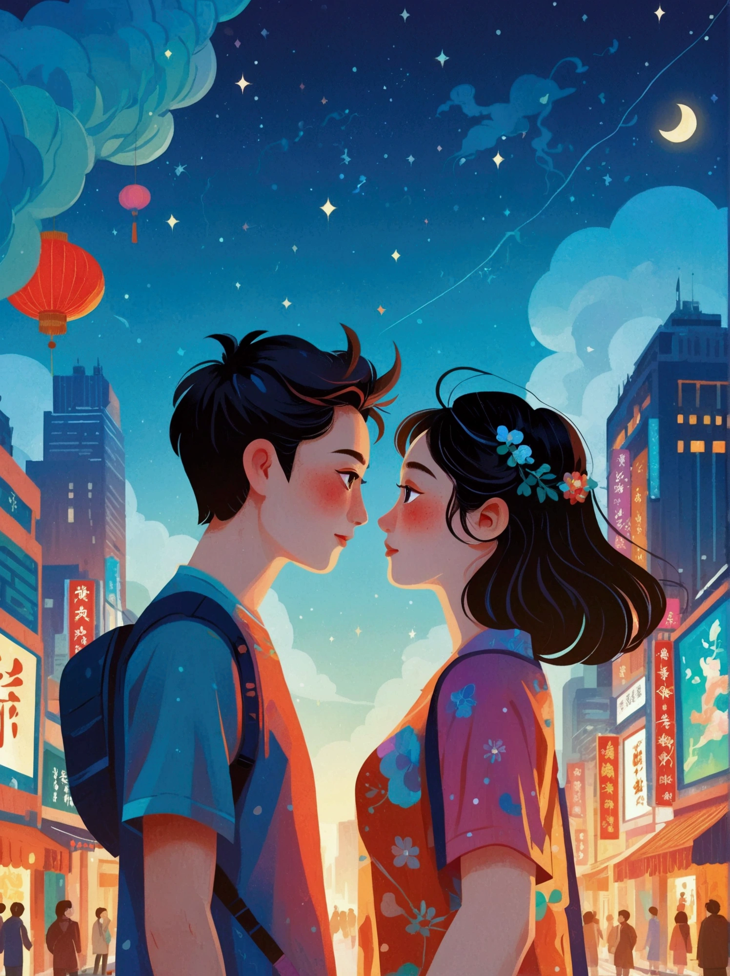 (8k,Bright colors,Bright,Ultra high saturation,rgb, Colorful), Cartoon, Character Design, Surreal photos,Matt Boles' comics,Simple,clean,soft,Exquisite,Summer Night,The deep blue sky is dotted with stars,A couple taking photos close up,Many pedestrians around,The background is the city landmark Beijing,full of romantic atmosphere,Detailed clouds and sky,Sense of space,White space,interesting,Innocence,Psychedelic Art,可爱的Q版Cartoon风格,Simple的背景,Colorful illustrations, Bright colors, Full body image, HD, High-resolution images in a Q-version style, Vector illustration, vivid color, Colorful whimsy, Angle from above, Chinese traditional minimalism