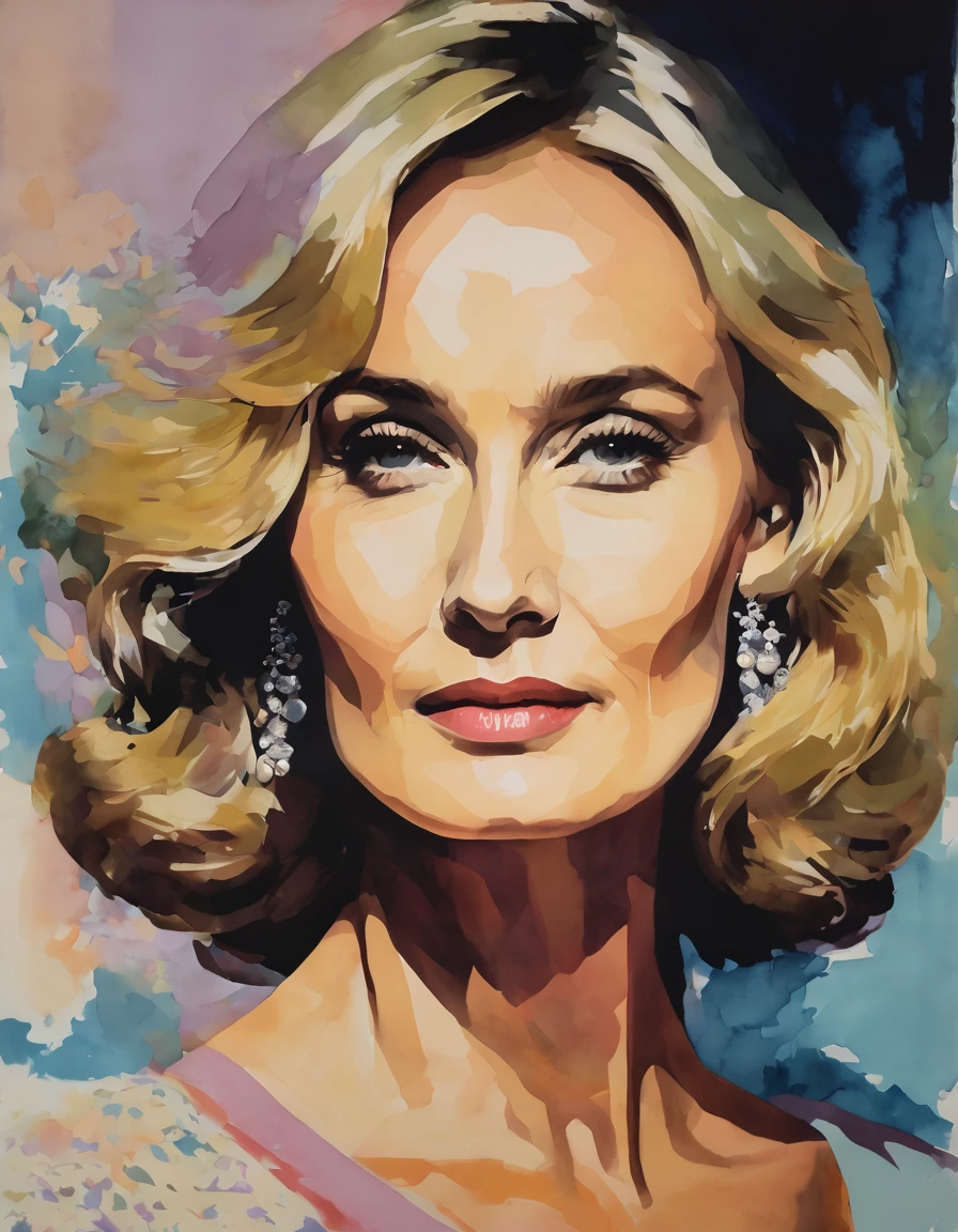 portrait of Jessica Lange celebrity using simple shapes and a limited color palette multiple figures vintage style 1970's