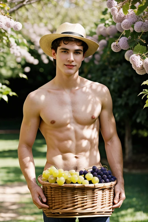 Young cute handsome white skinny soft skin beautiful face without shirt in a grape garden with a basket and a hat