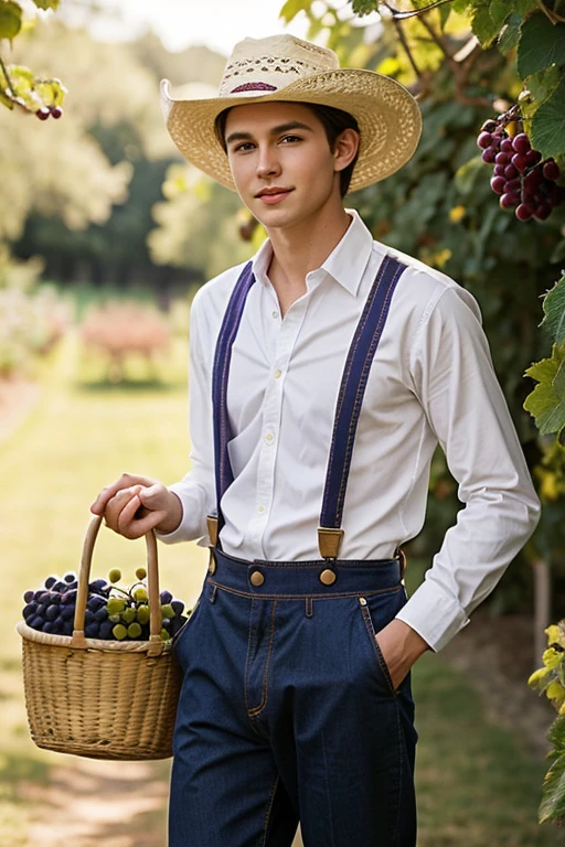 Young cute handsome white skinny soft skin beautiful face without shirt in a grape garden with a basket and a hat cowboy clothes with a suspender